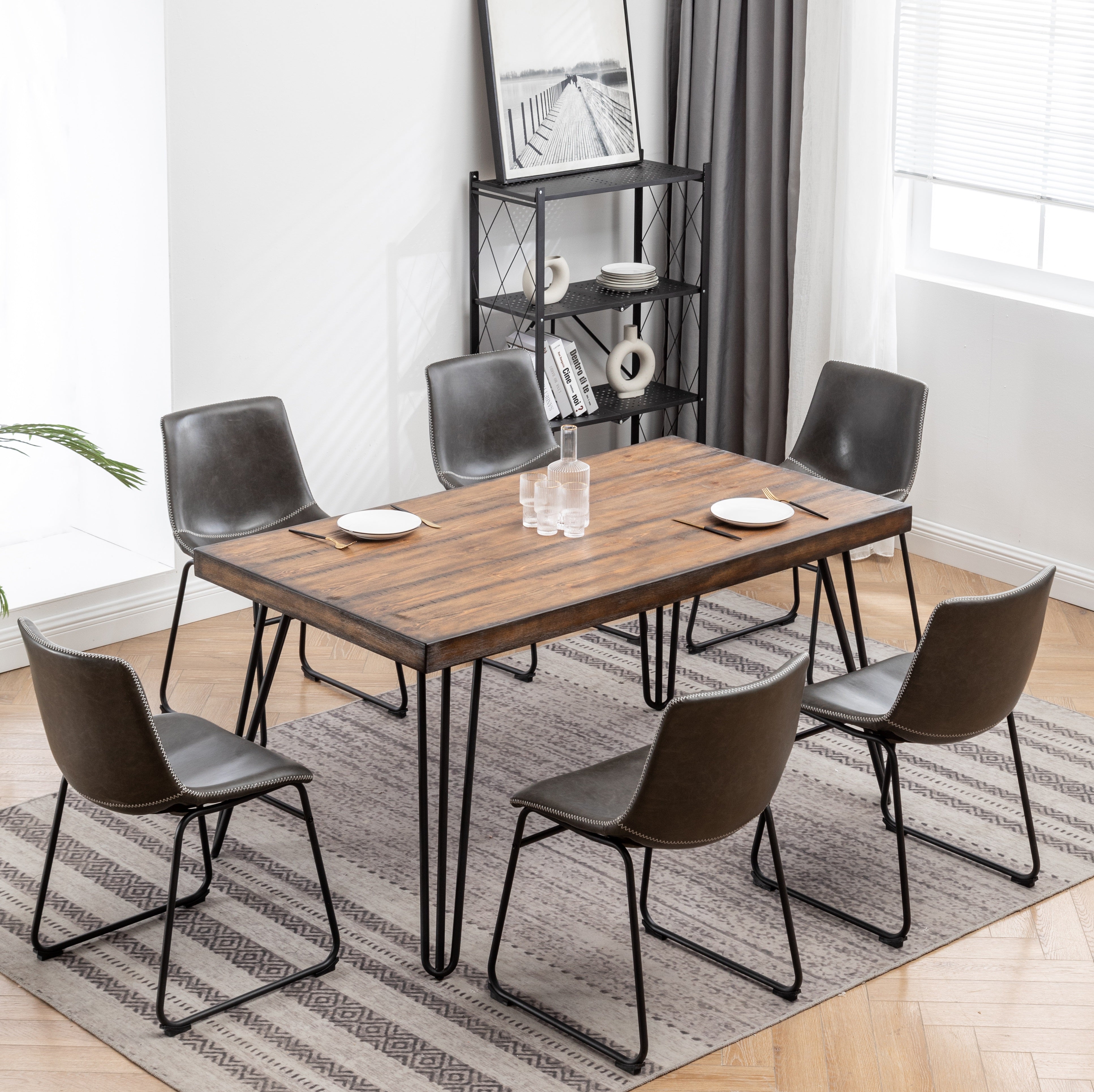 Roundhill Furniture Aryven 7-Piece Industrial Dining Set - Rustic Dark Pine Table & 6 Antique Gray Faux Leather Chairs for Farmhouse Kitchen & Dining Room Decor