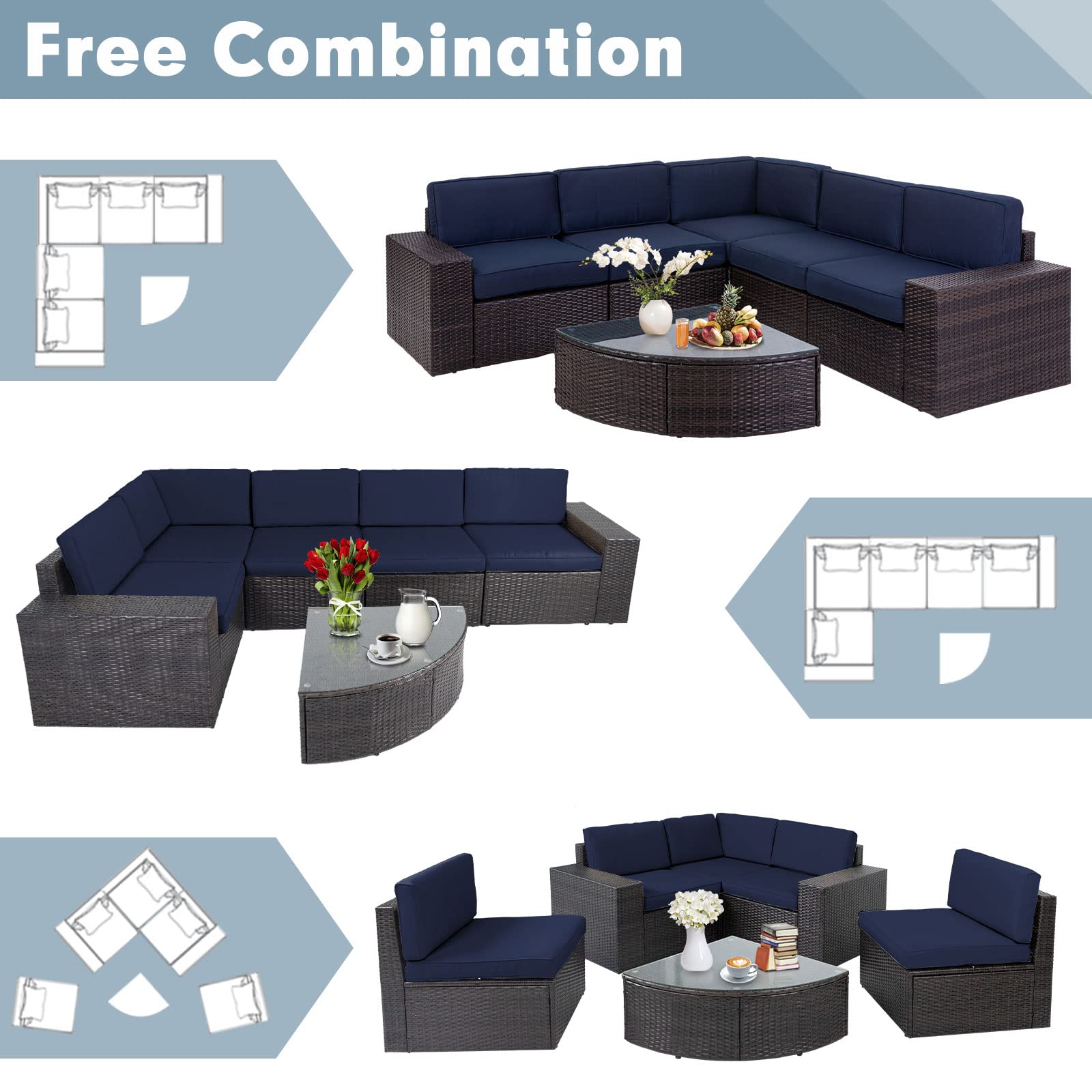 6-Piece Outdoor Sectional Sofa Set - Patio Wicker Furniture with Tempered Glass Table & Cushions - Dark Blue Conversation Set for Backyard, Poolside or Garden Relaxation