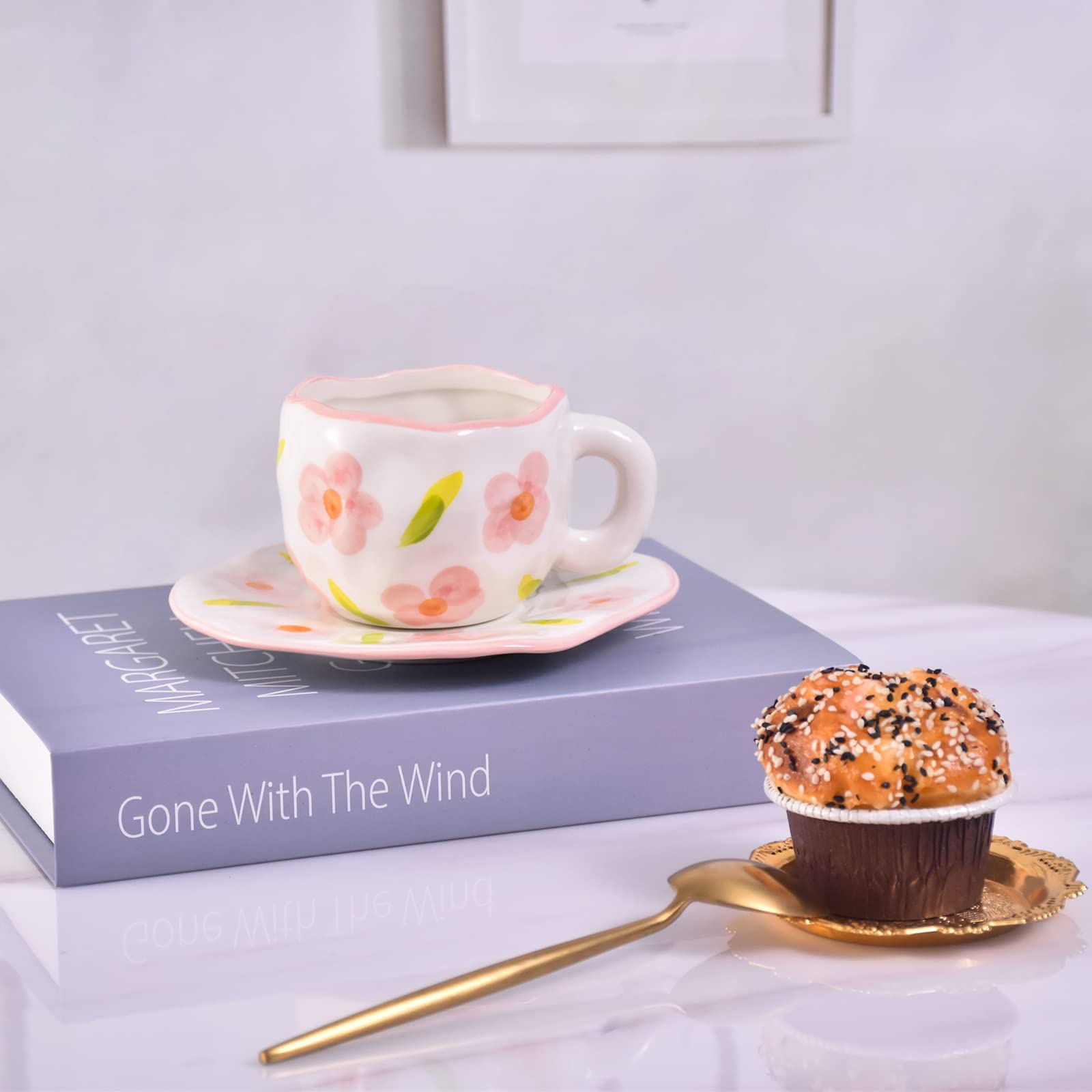 Koythin Ceramic Coffee Mug with Saucer - 10oz/300ml Cute Pink Floral Design, Microwave & Dishwasher Safe - Perfect for Latte, Tea, Milk at Home or Office - Ideal Gift for Coffee Lovers & Housewarming