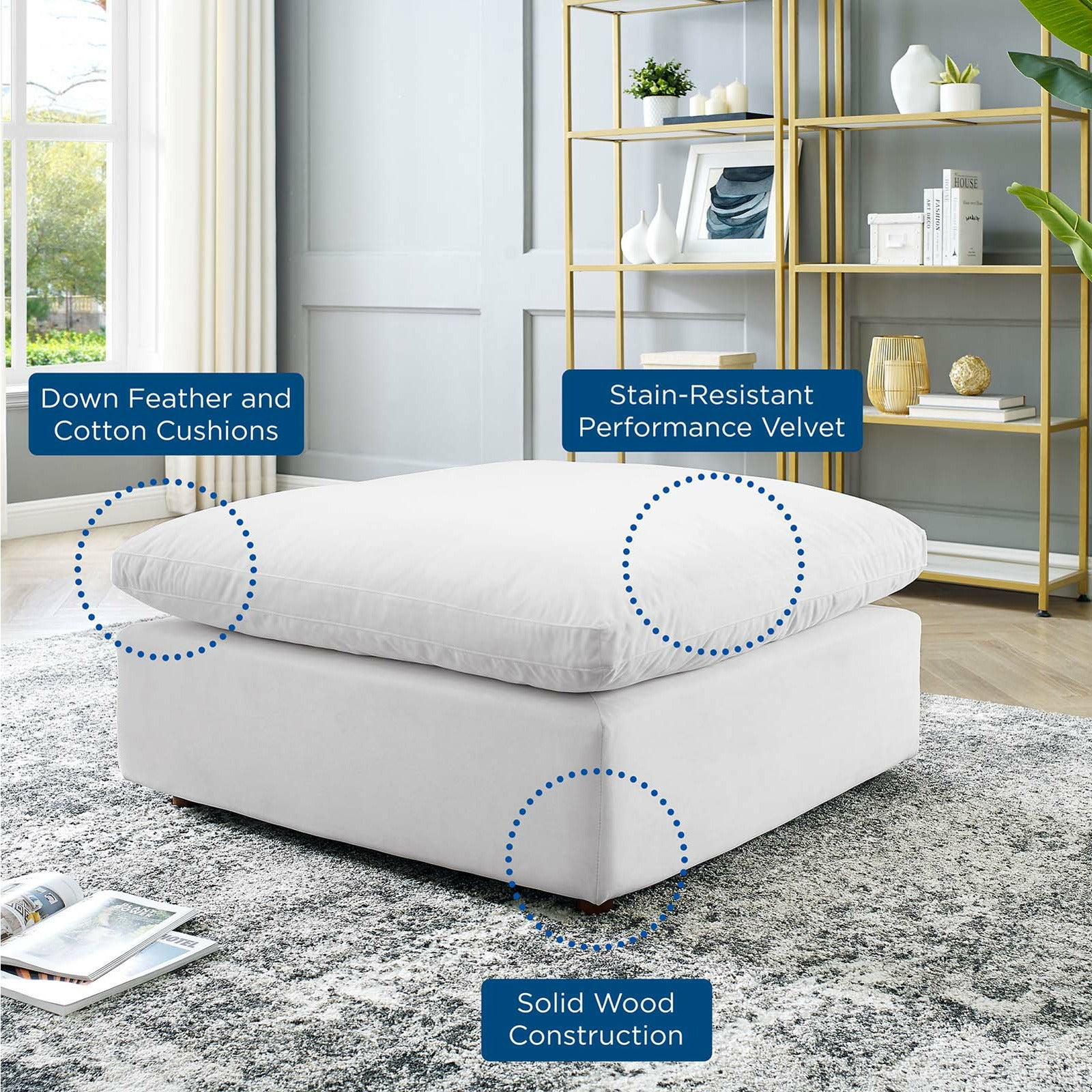 Premium Commix Down Filled Overstuffed Performance Velvet Ottoman - Luxurious Living Room Seating & Footrest for Cozy Home Decor