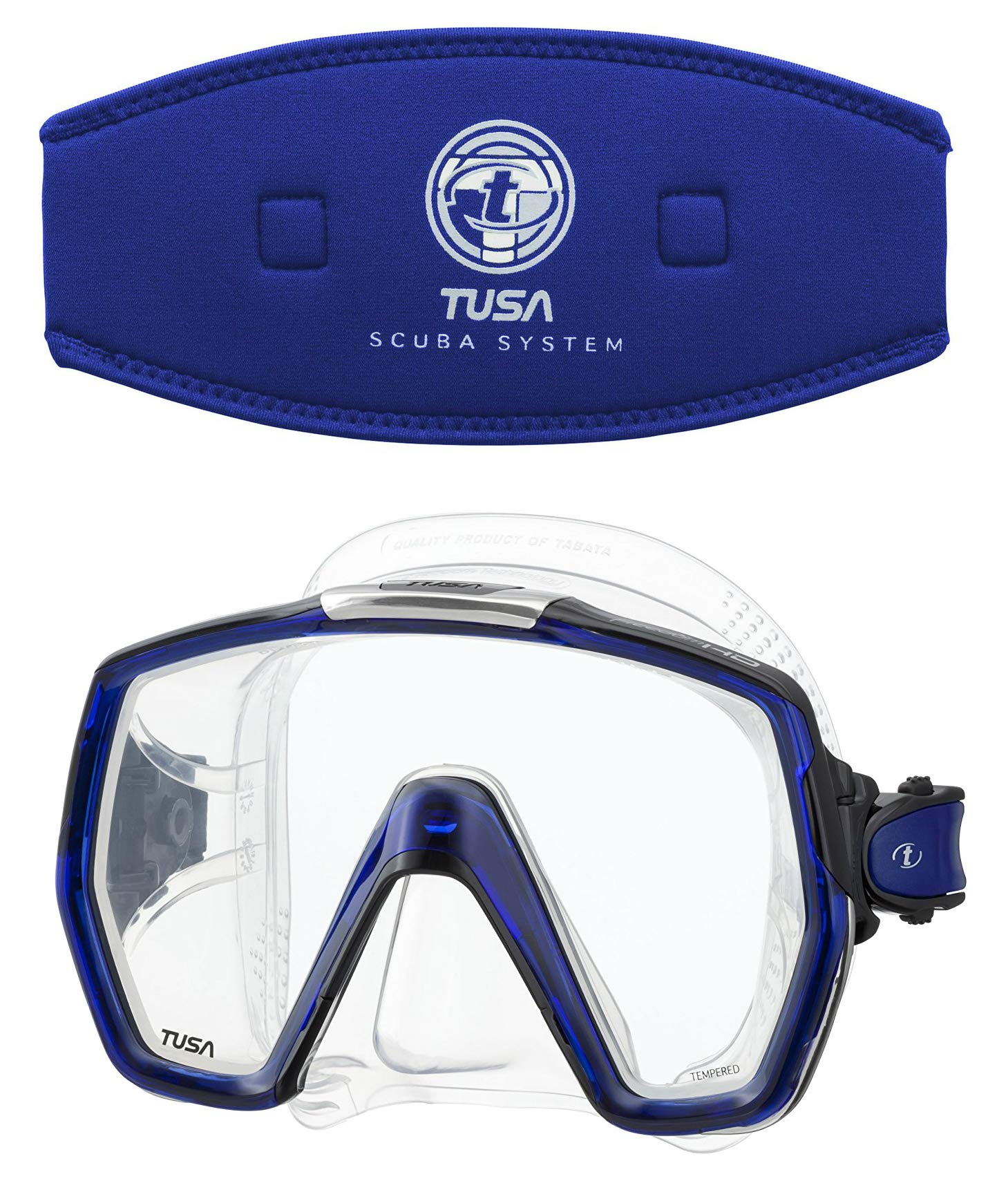 Tusa M1001 Freedom HD Silicone Diving Mask - Cobalt Blue with TUSA Mask Strap Cover - Snorkeling & Scuba Diving Gear for Clear Underwater Vision