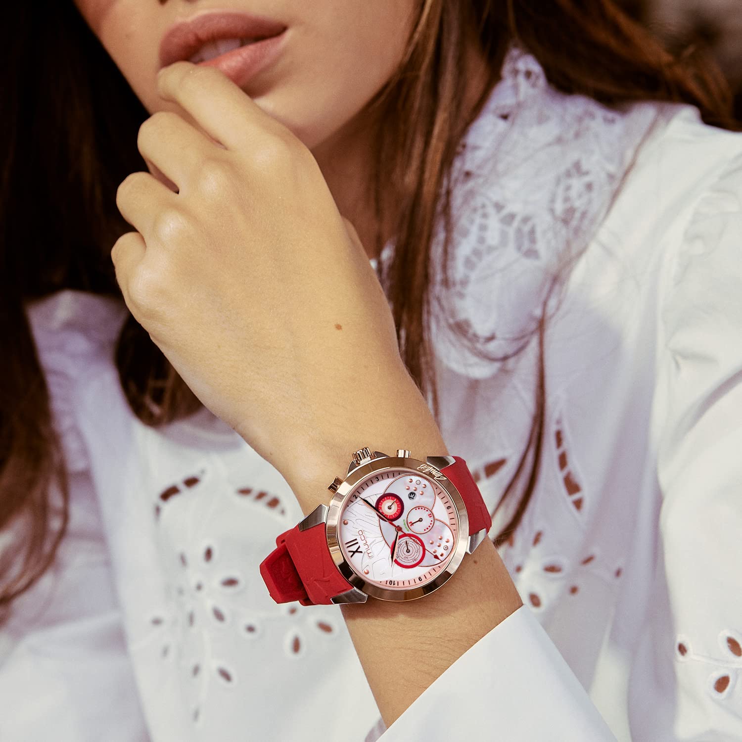 Luxury MULCO Women's Watches - Silver Stainless Steel Case with Silicone Band, Mother of Pearl Rose Gold Diamond Dial, Quartz Movement, Waterproof - Perfect for Business, Party & Everyday Wear