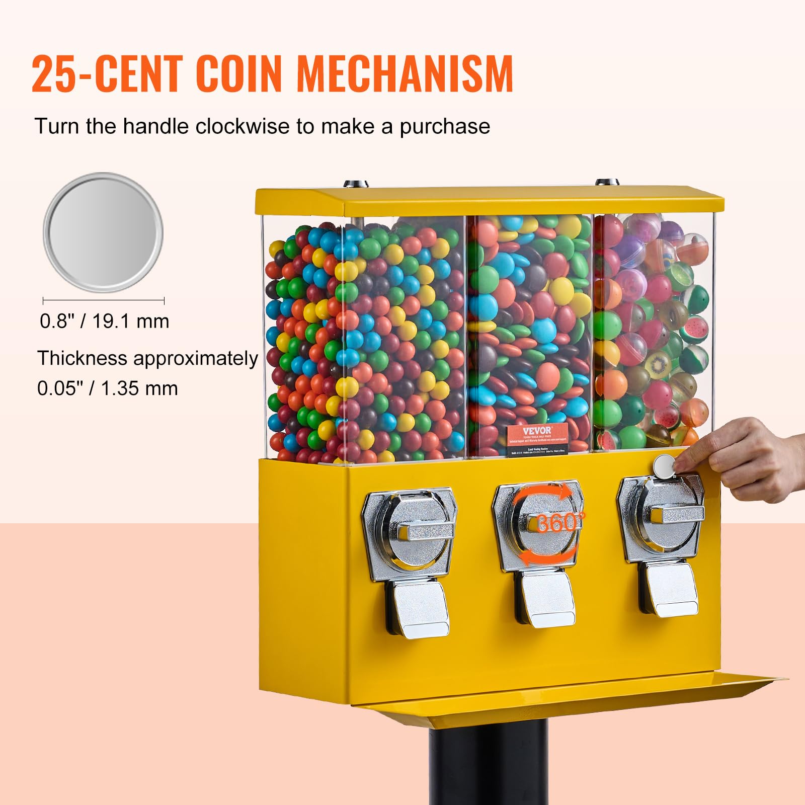 VEVOR Commercial Triple Compartment Candy Vending Machine with Iron Stand - Coin Operated Gumball & Nut Dispenser for Business - Perfect for Retail Stores, Arcades, and Restaurants (Yellow)