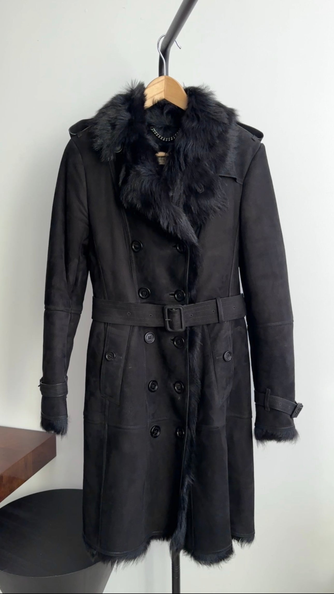 Burberry Black Shearling Long Trench Coat for Women | Size FR36 IT40 USA 4 | Winter Warm Wool Blend Outerwear | Perfect for Office, Travel & Formal Occasions