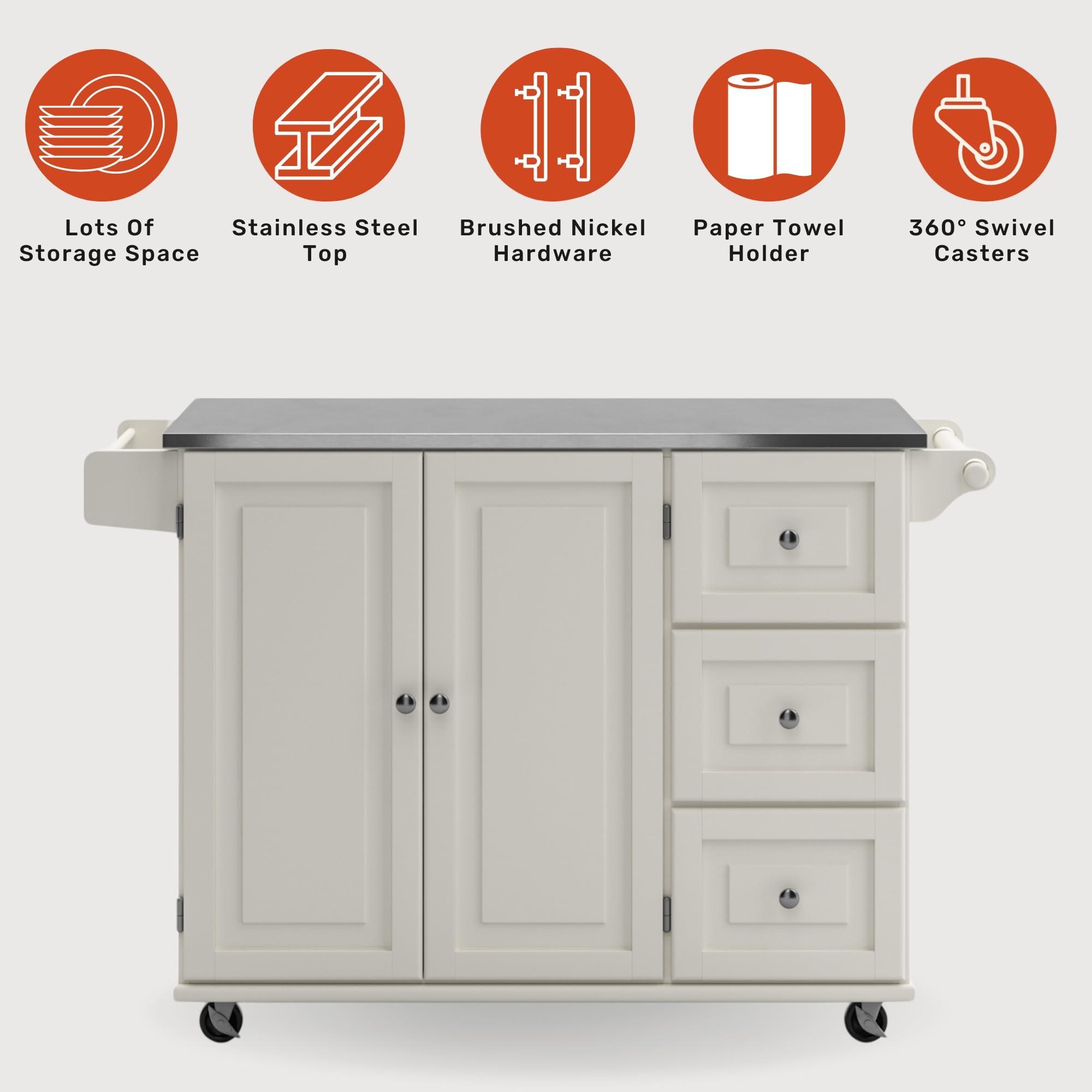 Homestyles Dolly Madison 54-Inch Rolling Kitchen Island with Storage & Towel Rack - Mobile Kitchen Cart for Small Spaces, Off White - Perfect for Apartments, Dorms & Compact Kitchens
