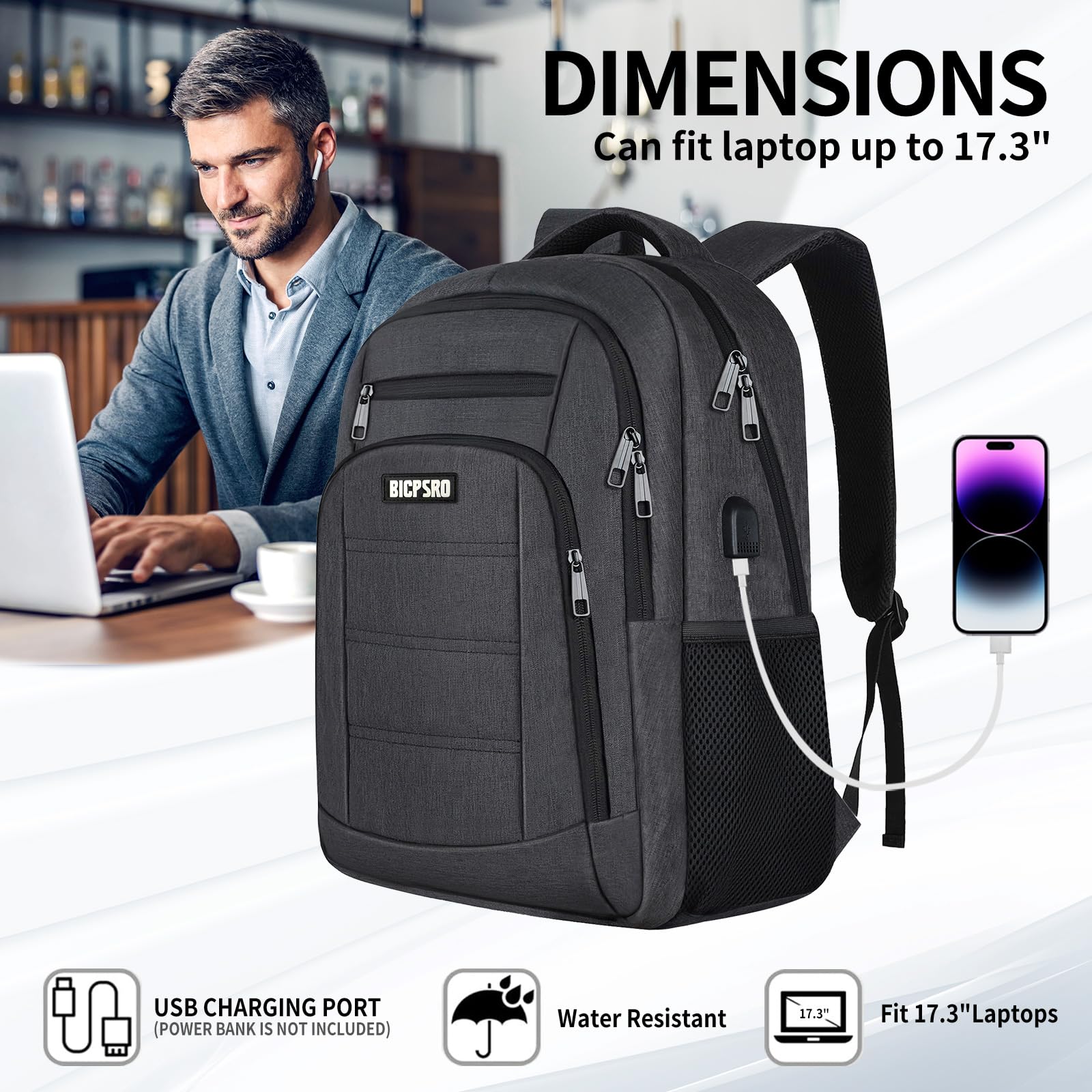 Stylish Unisex Backpack for Men & Women - Durable Water-Resistant School & Work Laptop Backpack with USB Charging Port - Fits 17.3 Inch Laptop - Perfect for College, Business Travel & Daily Commute - Black