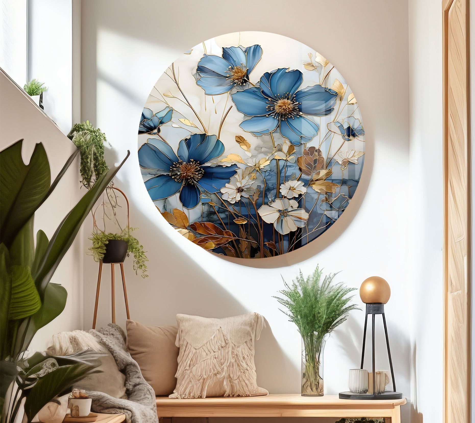 Blue and White Botanical Glass Wall Art - Handmade Floral Decor for Living Room, Bedroom, or Office - Perfect for Home and Office Decorations