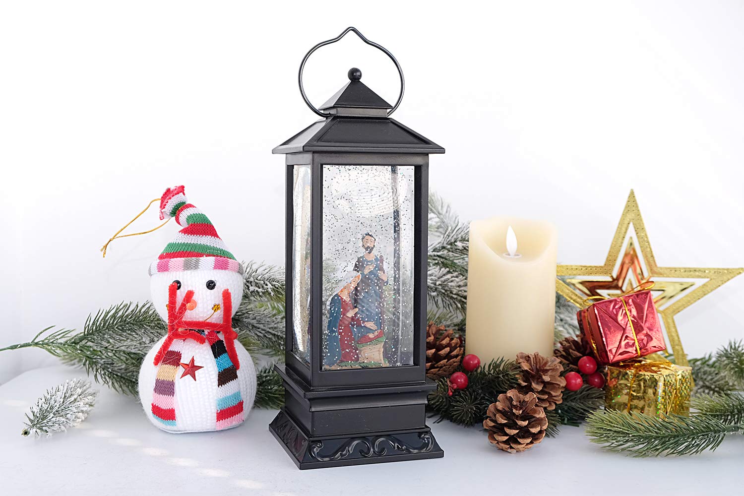 Nativity Musical Snow Globe Lantern - USB Powered LED Lighted Christmas Decoration with Swirling Glitter Water, 12