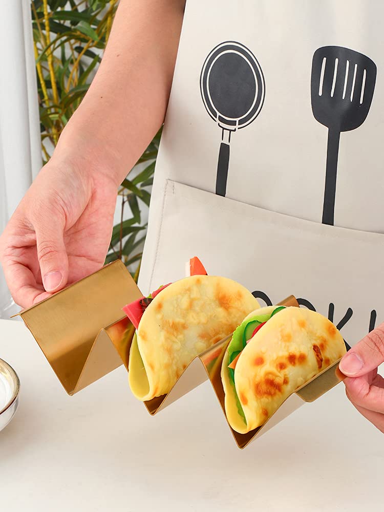 Stainless Steel Taco Holder Stand Set of 4 with Food Tong - Oven, Dishwasher & Grill Safe Taco Rack Tray for Baking - Gold | Perfect for Taco Tuesday Parties, Backyard BBQs & Mexican Dinner Nights
