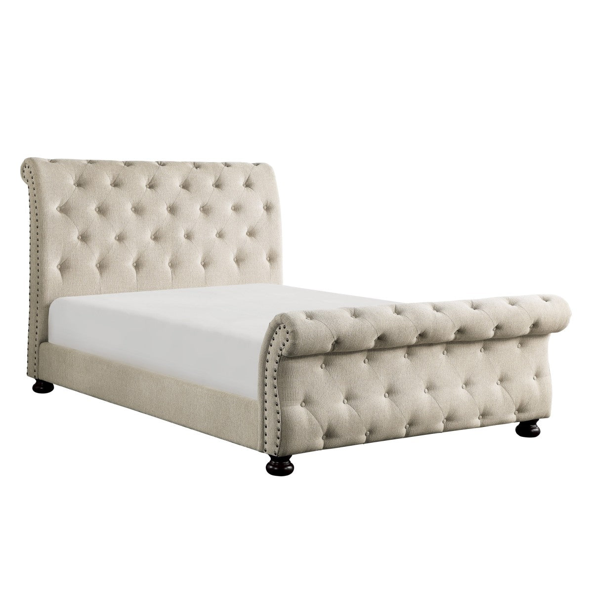Luxury Beige Chenille Tufted King Size Bed Frame with Nailhead Trim - Elegant Bedroom Furniture for Master Suite & Guest Room Decor