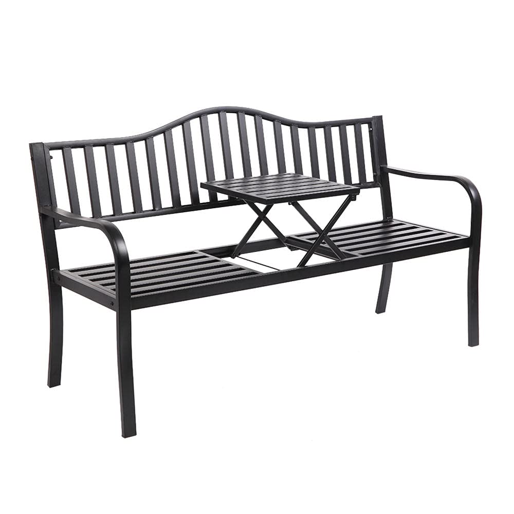 Metal Garden Bench with Pullout Middle Table - Patio Seating Double Seat Steel Bench for Outdoor Garden, Backyard & Deck - Weather-Resistant Black Frame - Perfect for Relaxing, Entertaining & Outdoor Dining