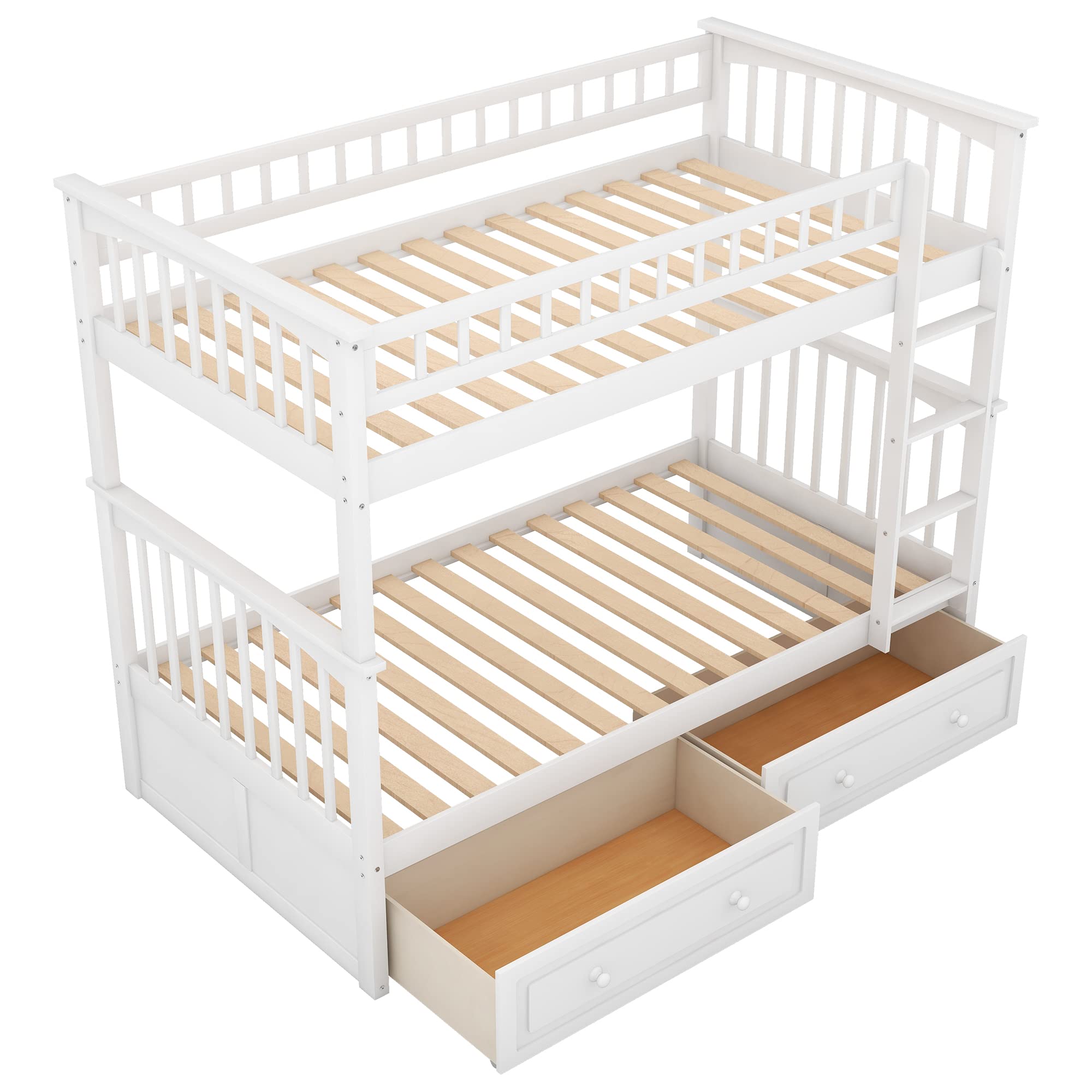 Harper & Bright Designs Twin Over Twin Bunk Bed with Storage Drawers - Solid Wood Bunk Bed Frame in White - Perfect for Kids' Bedroom, Dorm Room & Space-Saving Solutions