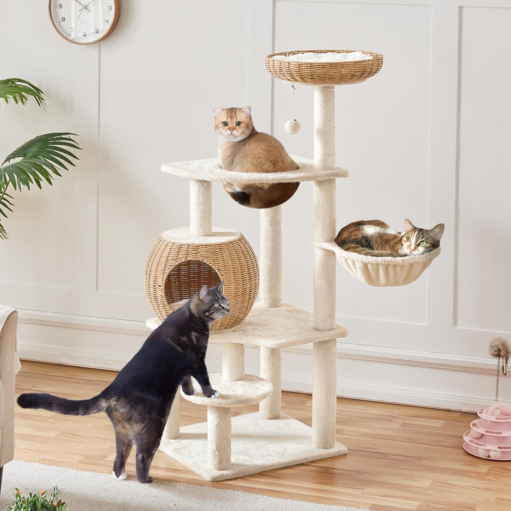 Yaheetech 54in Rattan Cat Tree Tower with Luxury Woven Condo, Clear Bowl & Washable Cushions - Multi-Level Cat Furniture with Scratching Posts for Indoor Cats - Perfect for Small Spaces, Apartments & Play Areas
