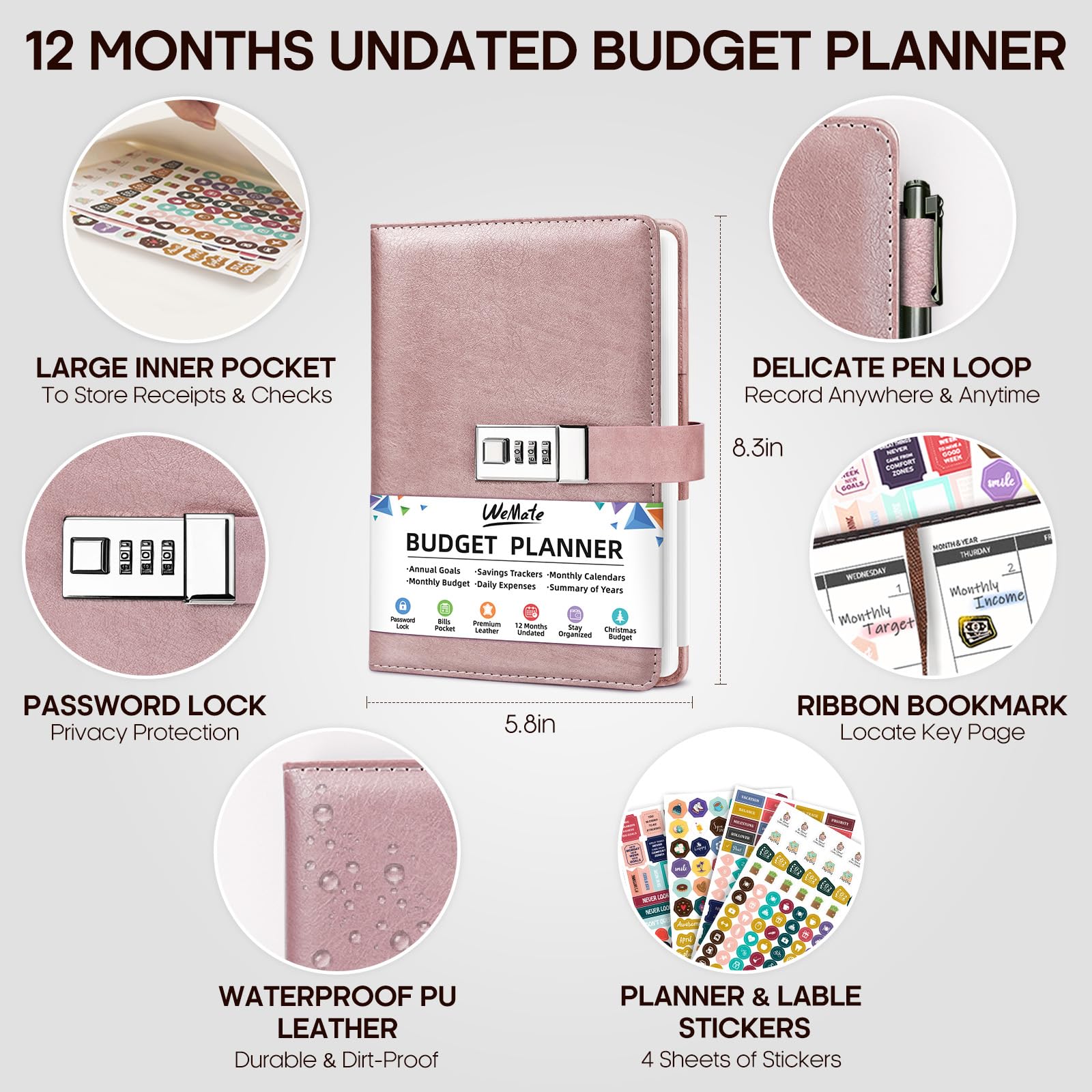 WEMATE 2025 Monthly Budget Planner with Lock - A5 Leather Expense Tracker Notebook & Financial Organizer - Undated Money Management Journal in Rose Gold - Perfect for Personal Finance, Bill Tracking, and Savings Goals