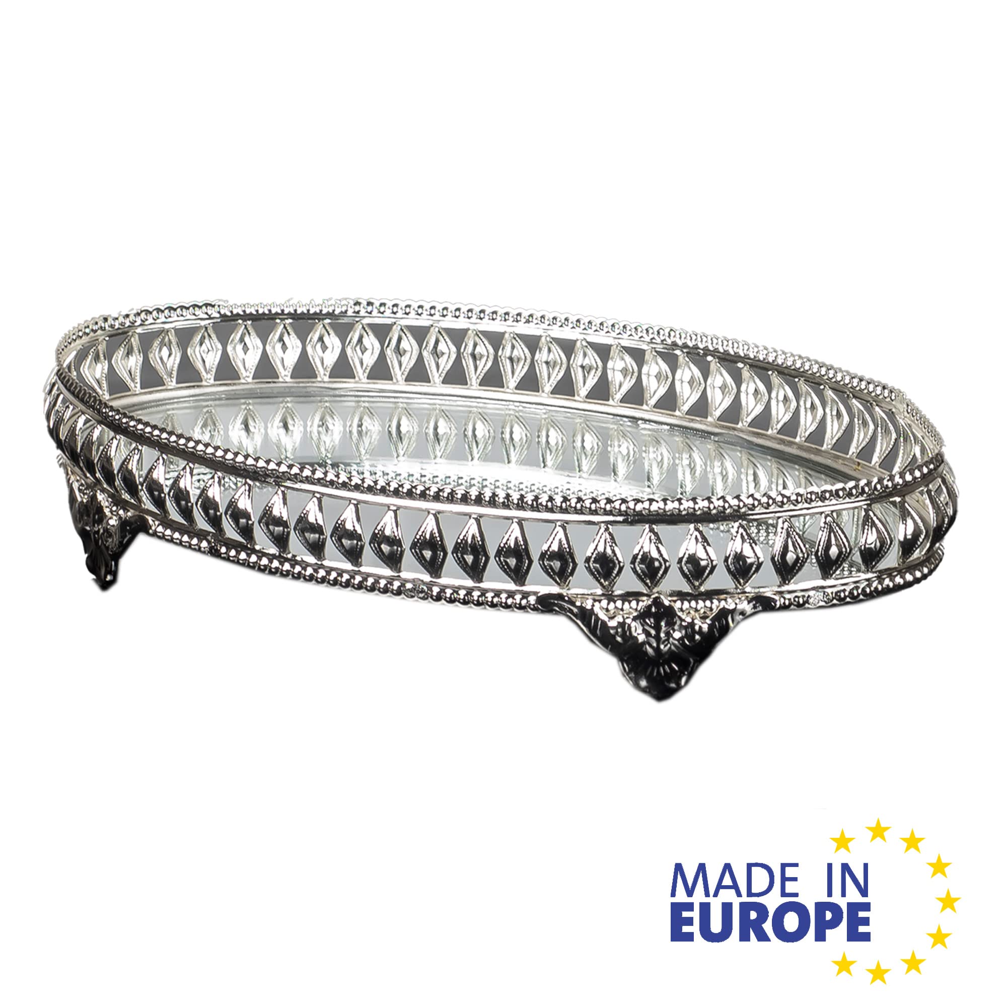 Handmade Filigree Jewelry Tray Mirror - Elegant Oval Metal Vanity Tray for Dressing Table, Perfect Gift for Women - Silver Mirror Tray for Perfume, Cosmetics & Jewelry Organization | Bedroom Decor, Bathroom Countertop, Wedding Gift Idea