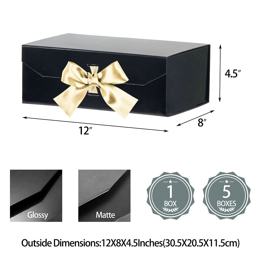 12x8x4.5 Inch Black Gift Box with Magnetic Lid & Ribbon - Elegant Bridesmaid Proposal Box, Birthday Gift Packaging for Jewelry, Shoes & Women's Accessories (Glossy Black) - Perfect for Wedding Favors, Special Occasions & Luxury Gift Presentation