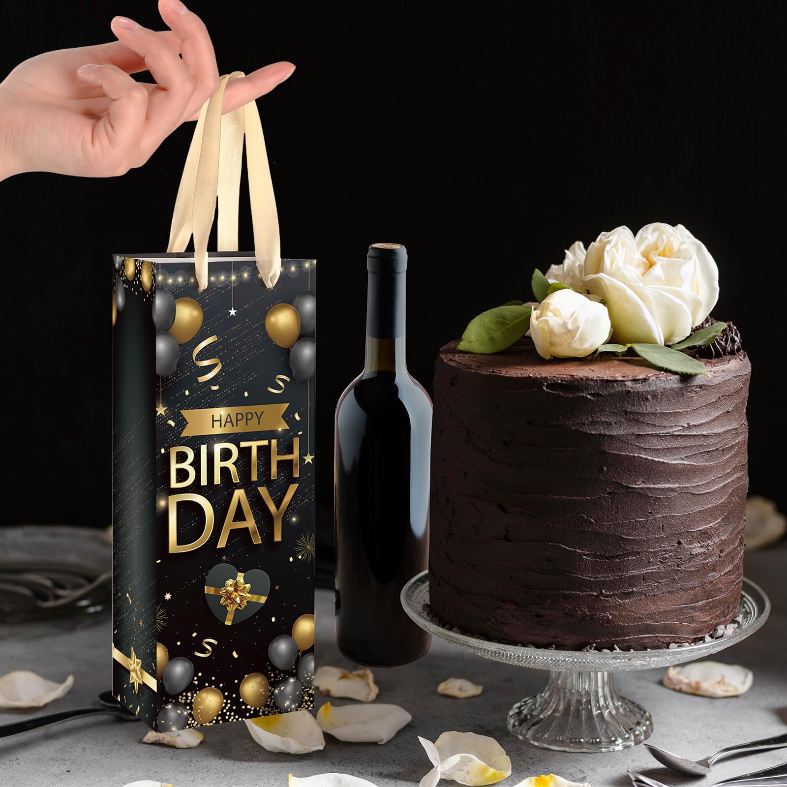 Elegant Gold & Black Wine Gift Bag with Tissue Paper & Handle - Perfect Birthday, Anniversary Party Favors & Decorations for Women & Men - Ideal for Wine Bottles, Liquor Gifts & Party Supplies
