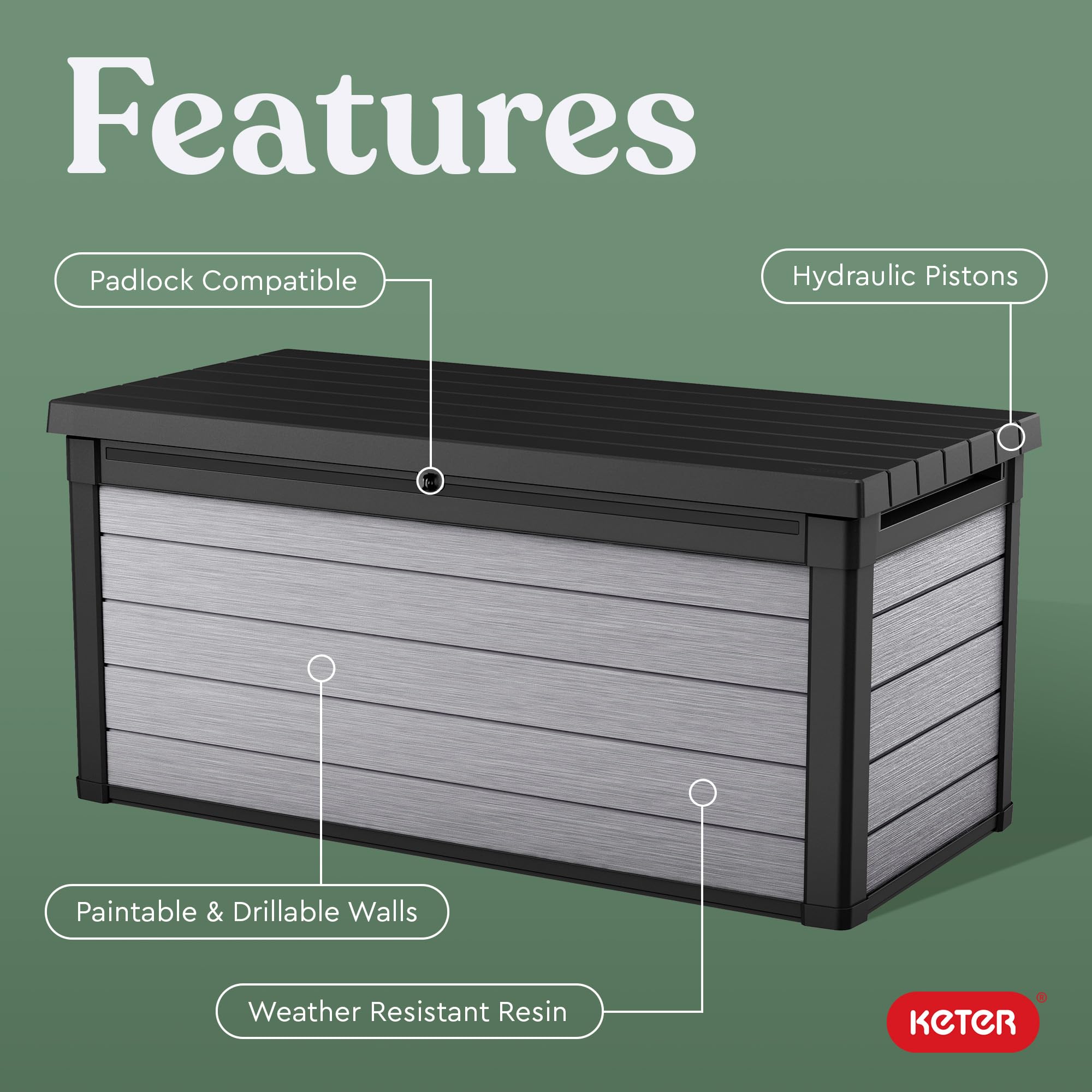 Keter Denali 150 Gallon Resin Deck Box - Large Outdoor Storage Container with Double Wall 20mm Panels, Paintable & Drillable - Perfect for Patio Furniture Cushions, Garden Tools, Pool Toys & Backyard Organization (Grey & Black)