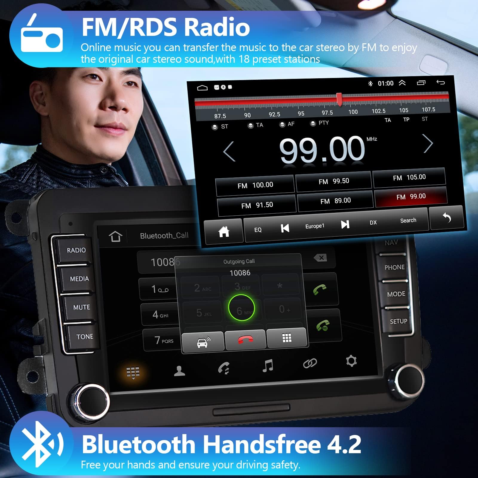 2+64GB Android Car Stereo with Wireless CarPlay/Android Auto - 7 Inch Touchscreen GPS WiFi Bluetooth FM Head Unit for VW Jetta/Passat/Tiguan/CC/Golf/Skoda - Compatible with Backup Camera | Perfect for Road Trips & Daily Commuting