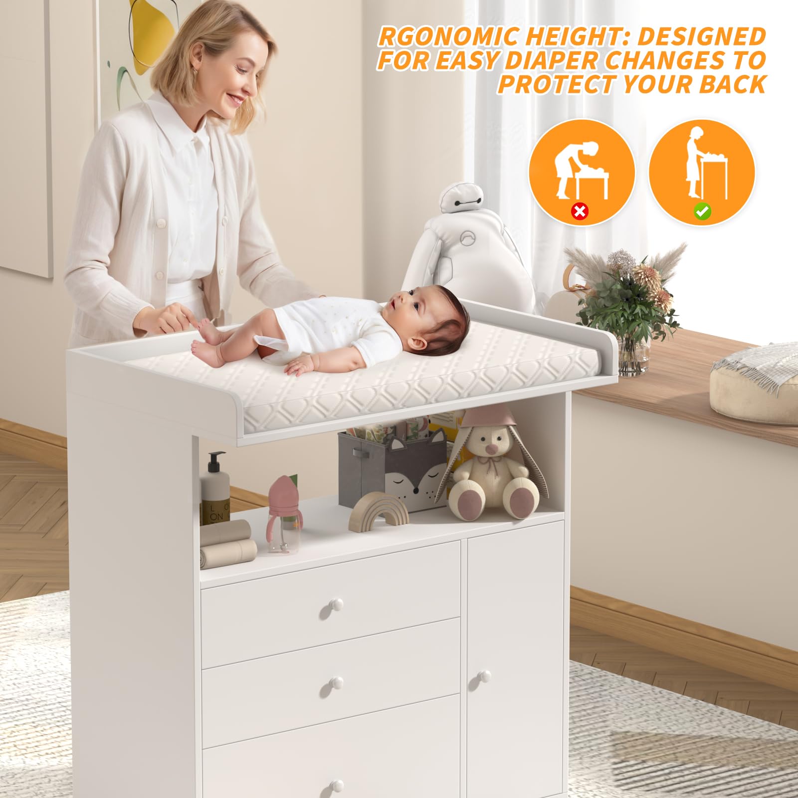Baby Changing Table Dresser with Wide Tabletop - 3 Drawers & 1 Cabinet Storage - Nursery Organizer with Changing Pad Area - Perfect for Baby Bedrooms, Daycare & Gift Registry Essentials