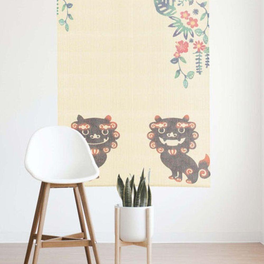 Narumi Noren Lace Shisa Okinawa Lion Dog Japanese Doorway Curtain - Traditional Japanese Home Decor for Doorways, Windows & Room Dividers
