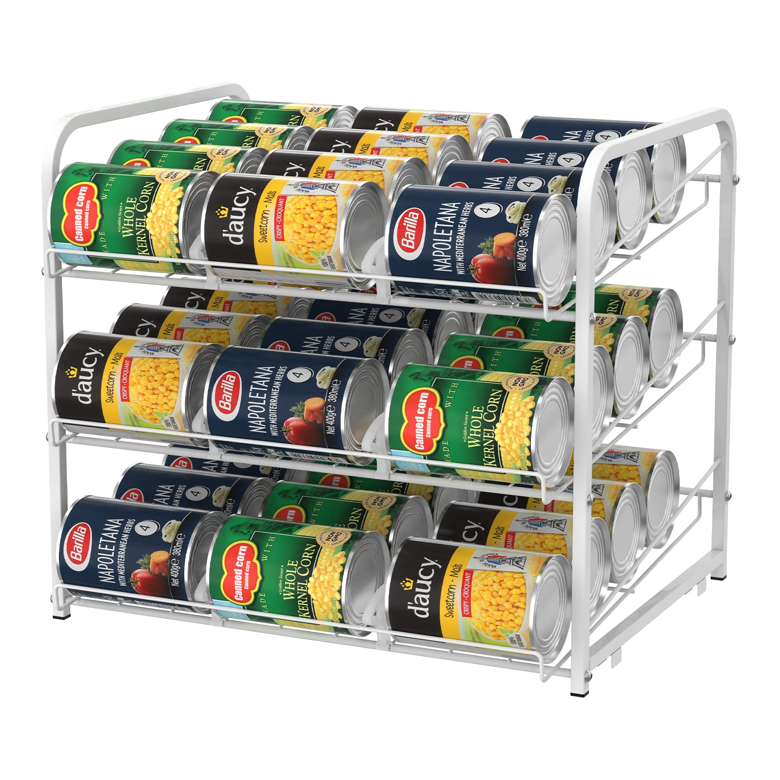 3-Tier Stackable Can Rack Organizer - Holds 36 Cans - Space-Saving Pantry Storage Solution for Kitchen, Garage or Restaurant - White