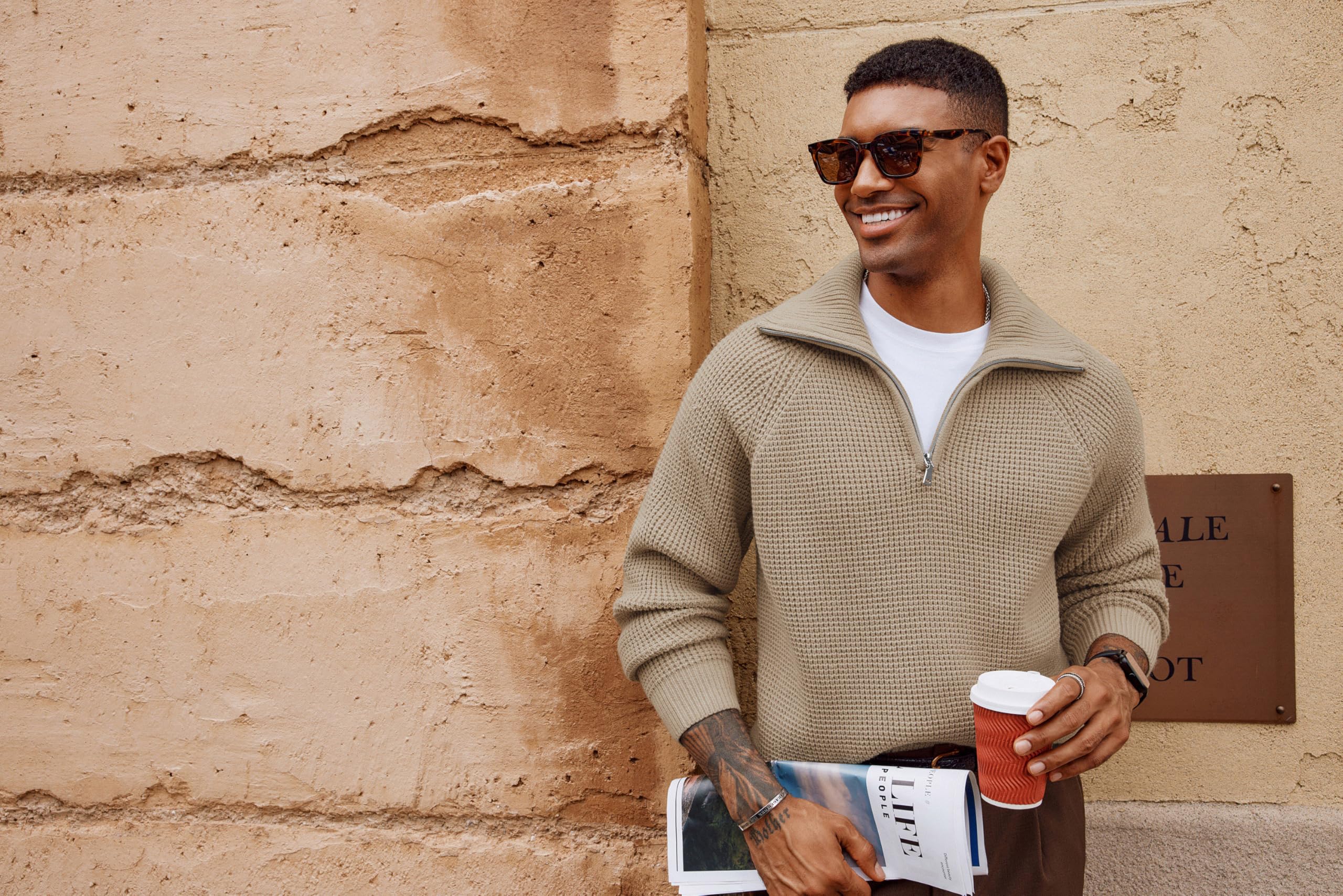PJ PAUL JONES Men's Quarter Zip Pullover Sweater - Waffle Knit Textured Casual Loose Fit Oversized Sweatshirt - Perfect for Fall Winter Layering & Outdoor Activities
