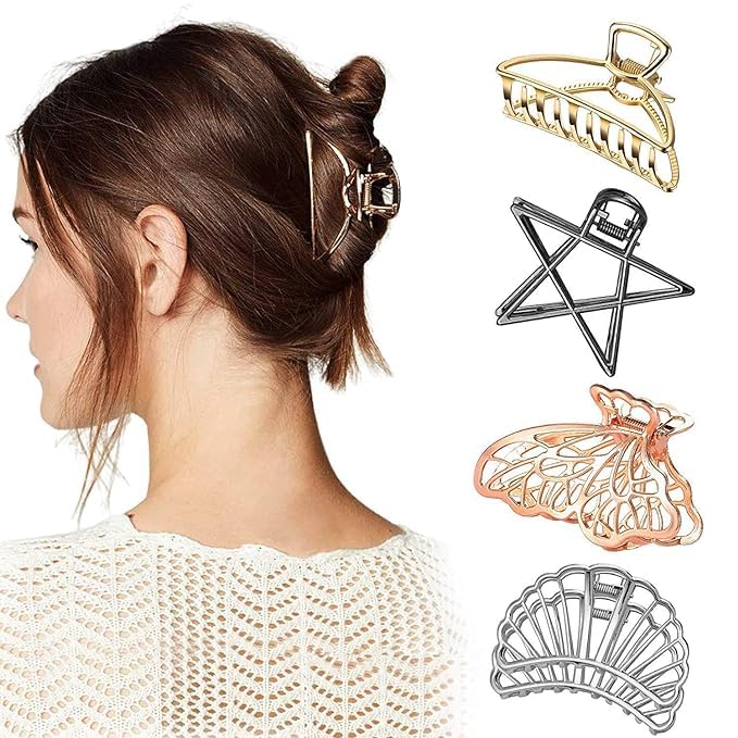 TREXEE 5 Pcs Hollow Medium Hair Clips - Golden Silver Bronze Star Moon Geometric Hair Accessories for Women & Girls | Perfect for School, Work, Parties & Everyday Styling