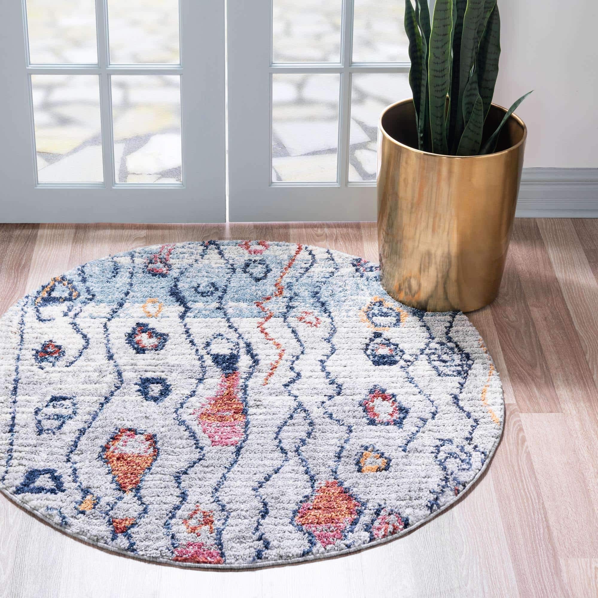 Unique Loom Morocco Collection Southwestern Bohemian Round Area Rug 4' x 4' Gray Ivory - Perfect for Living Room, Bedroom & Boho Home Decor