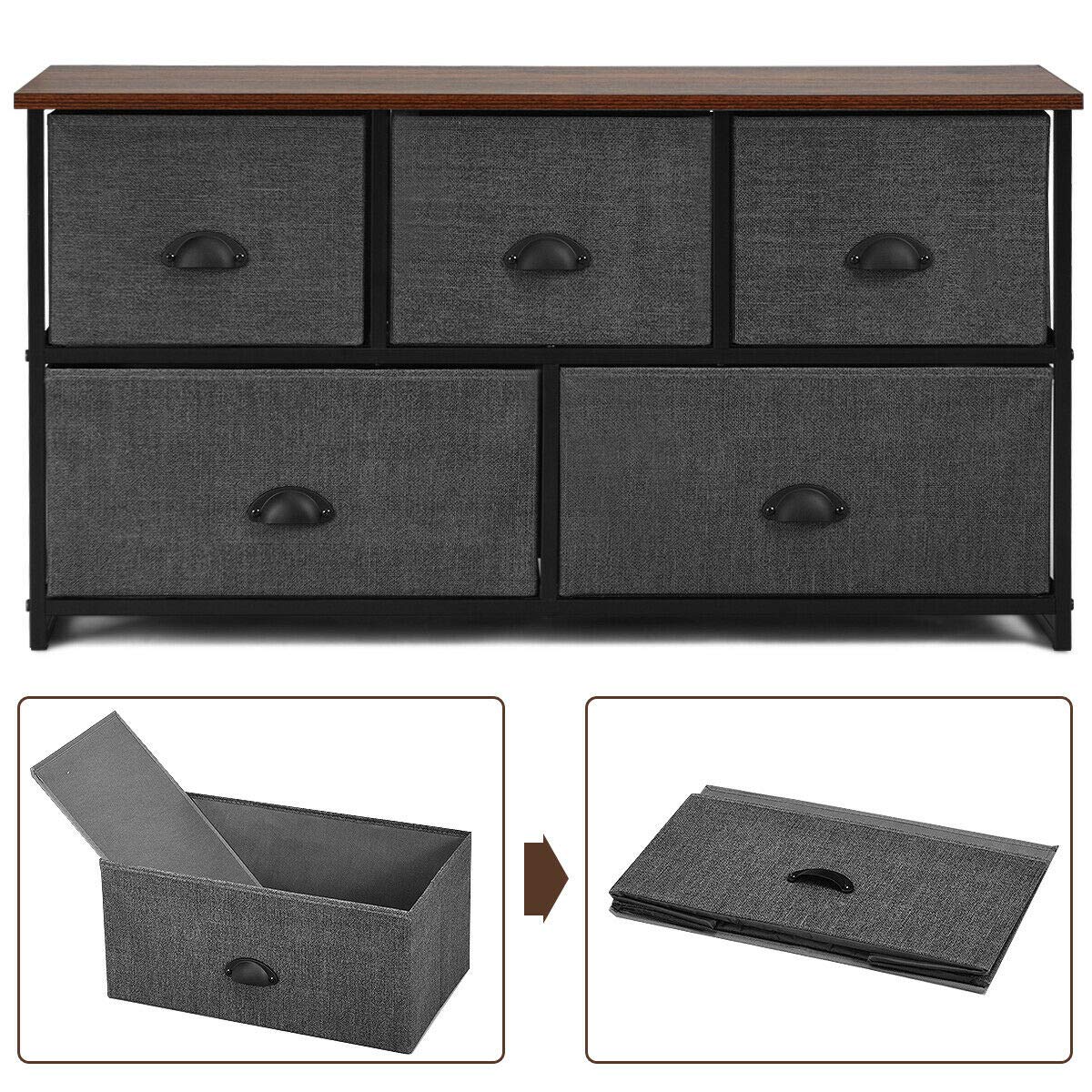 5-Tier Black Non-Woven Fabric Dresser Storage Organizer with Removable Folding Drawers & Steel Frame - Perfect for Clothes, Linens, Workout Gear, Leggings, Yoga Pants & Blankets - Ideal for Bedroom, Closet, Nursery and Dorm Organization