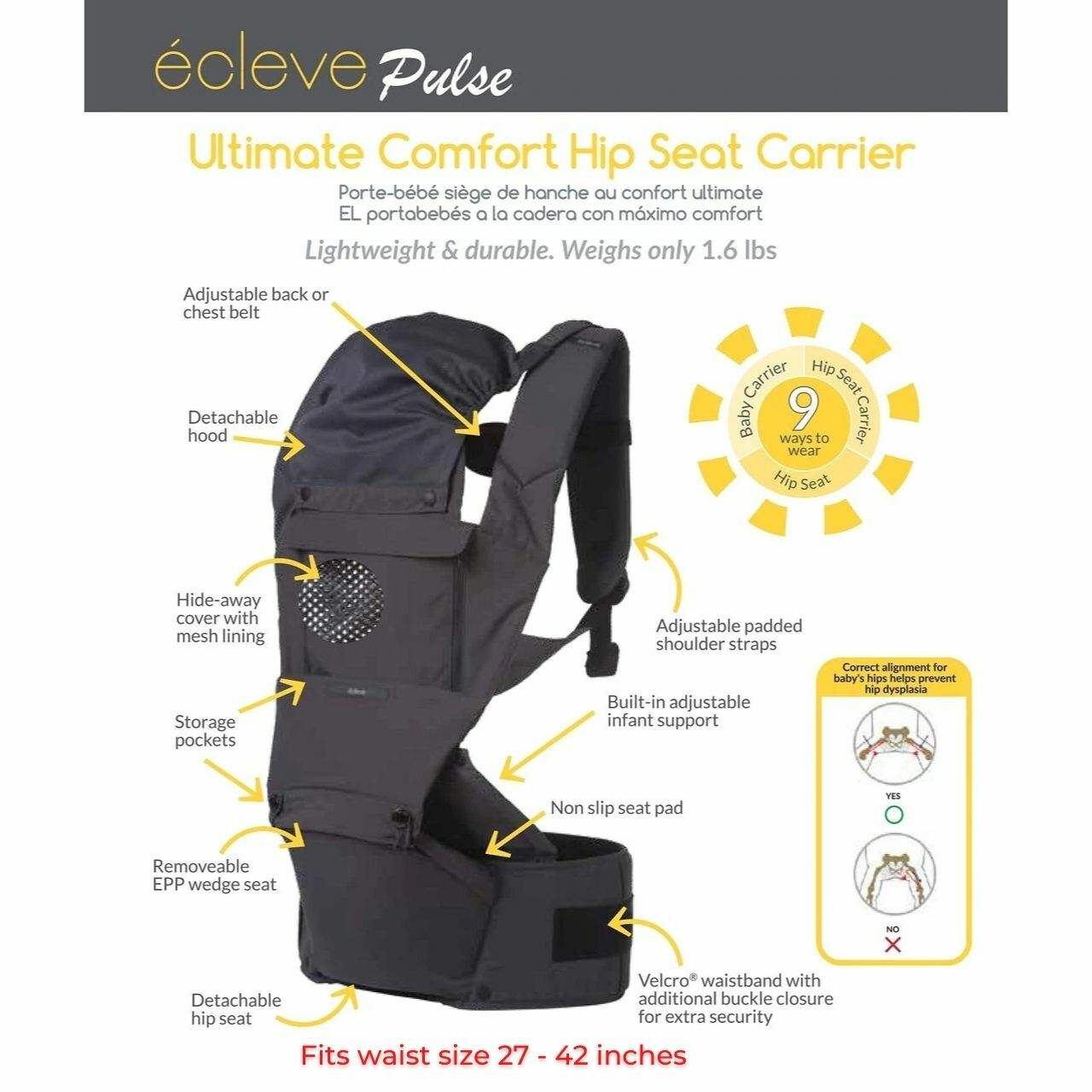 Innobaby Écleve Baby Hip Seat Carrier - Ergonomic & Comfortable Infant Carrier for Hands-Free Baby Wearing - Perfect for Shopping, Travel & Daily Parenting