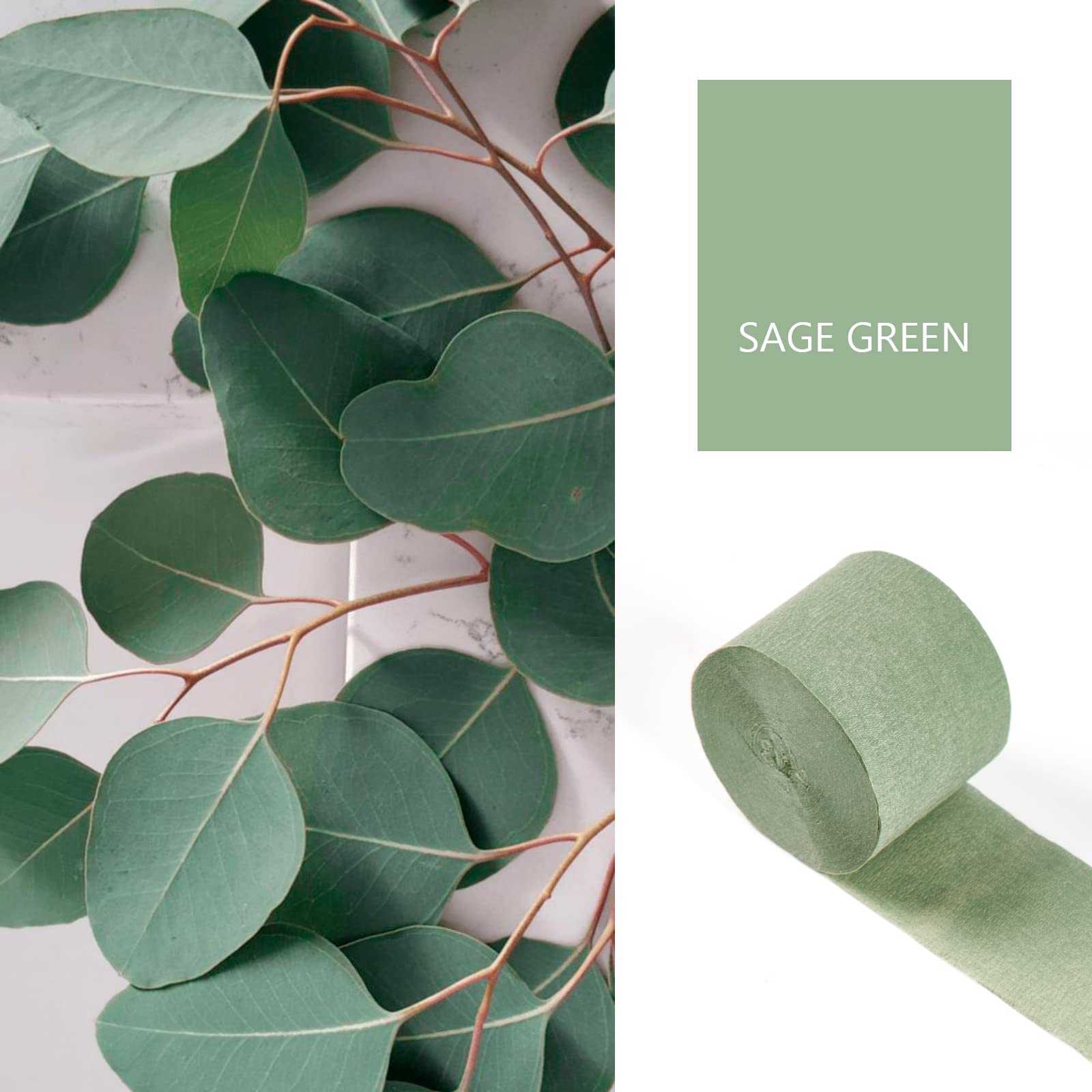 PartyWoo Crepe Paper Streamers - 4 Rolls (328ft Total) Sage Green Decorative Paper for Party, Wedding, Birthday & Baby Shower Decorations (1.8