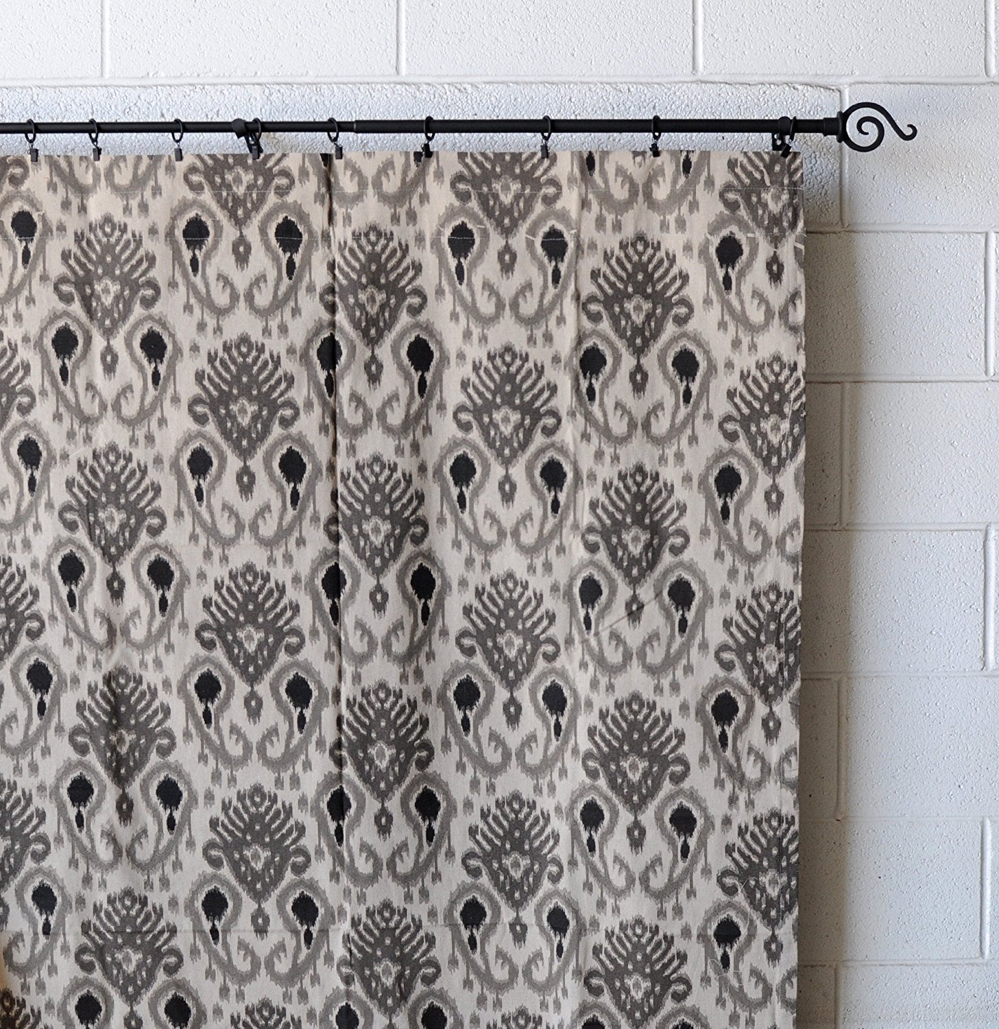 Ikat Fabric Print Linen Designer Drapery Curtain Panels (Set of 2) - Gray Unlined Window Treatments for Living Room & Bedroom Decor