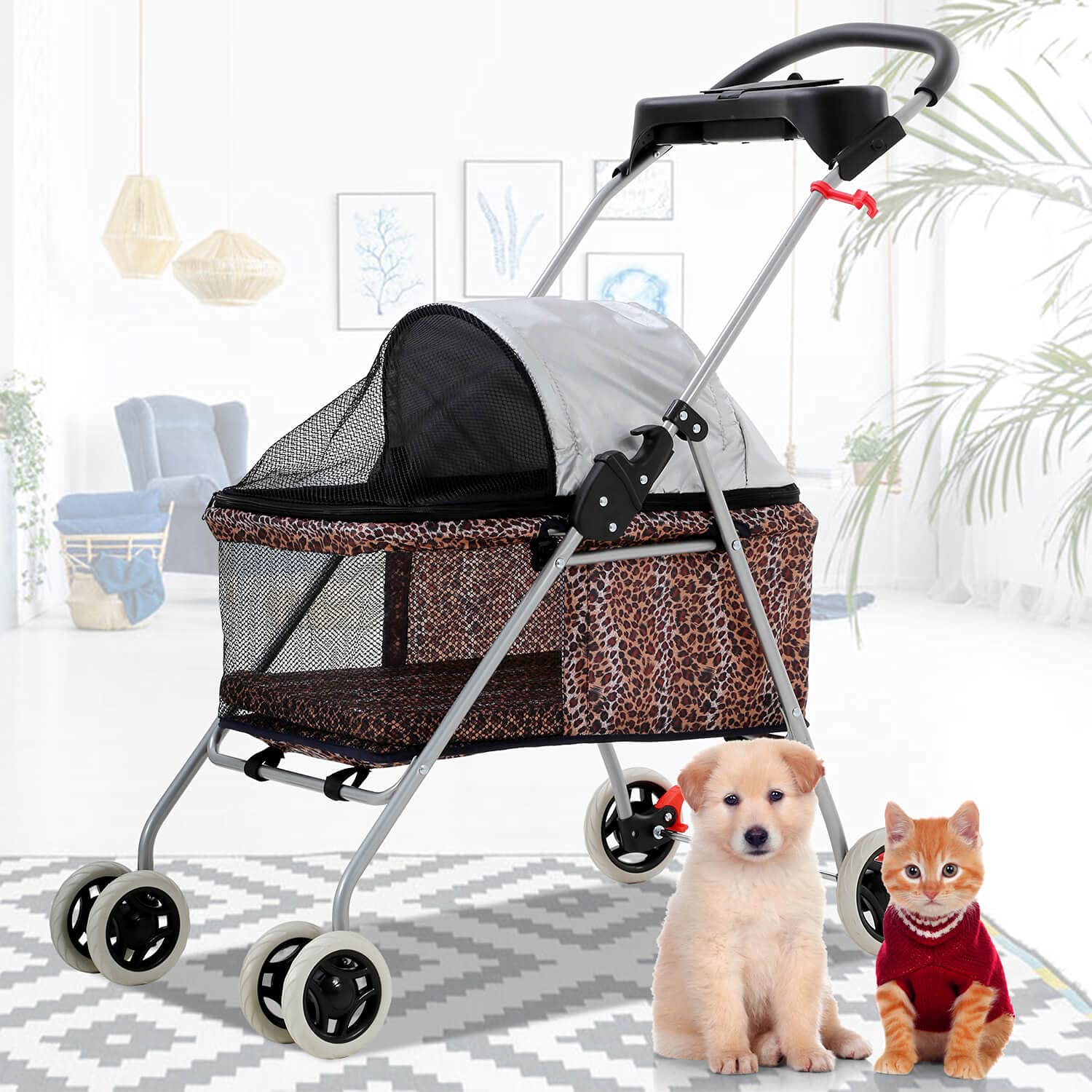 **4-Wheel Folding Dog & Cat Stroller - Durable Waterproof Pet Carrier with Cup Holder, Zippered Mesh Windows & Canopy - Leopard Print Design for Travel, Walks & Outdoor Adventures**