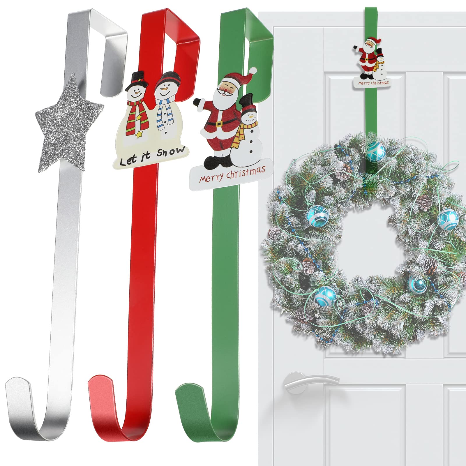 3-Piece 12-Inch Christmas Wreath Hangers - Cartoon Over-the-Door Hooks with Snowmen, Santa & Star Designs for Winter Holiday Decor - Perfect for Christmas Party, Front Door & Festival Decorations