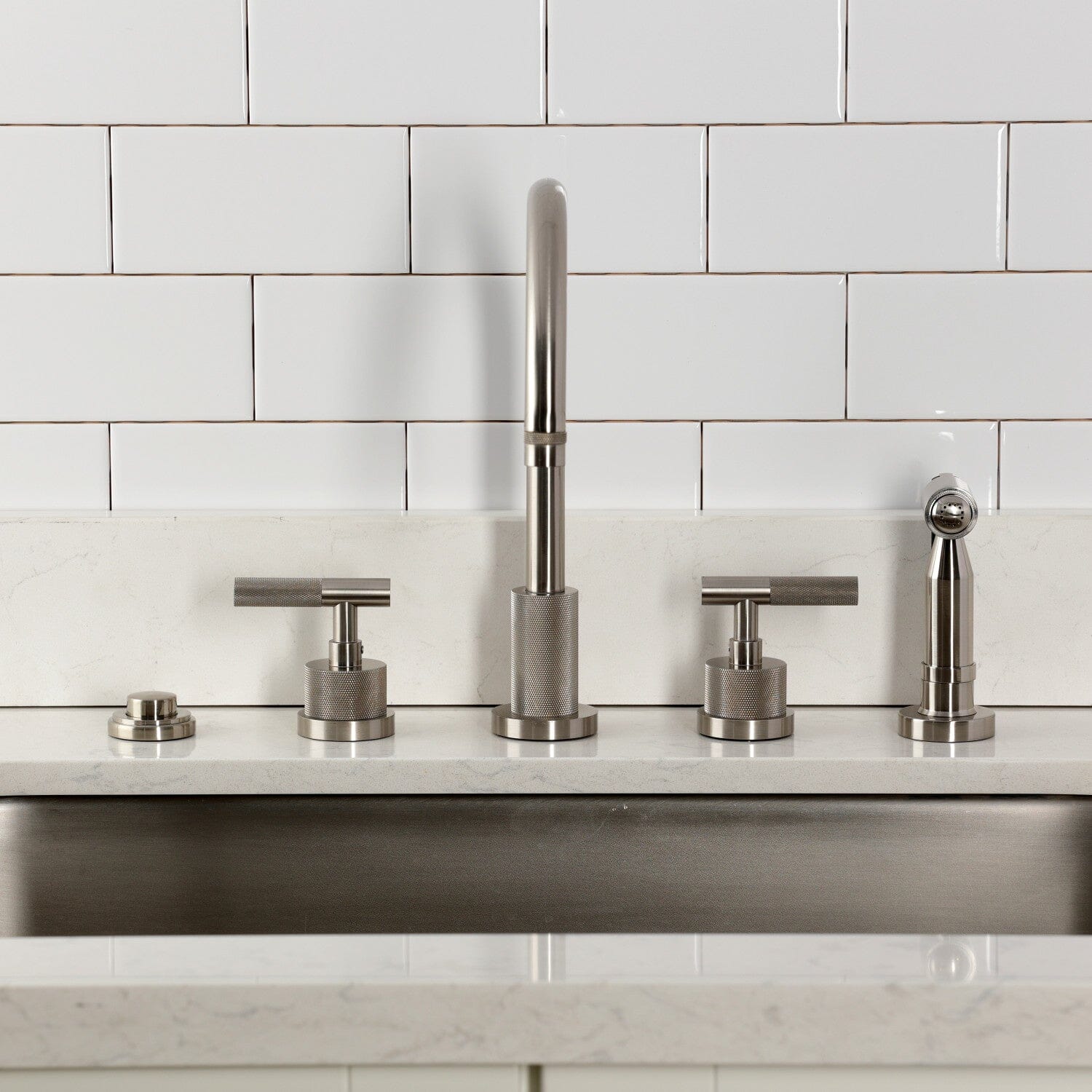 Premium 4-Hole Widespread Kitchen Faucet with Dual Knurled Handles & Brass Pull-Down Sprayer - Ideal for Modern Kitchens, Renovations & High-End Home Upgrades