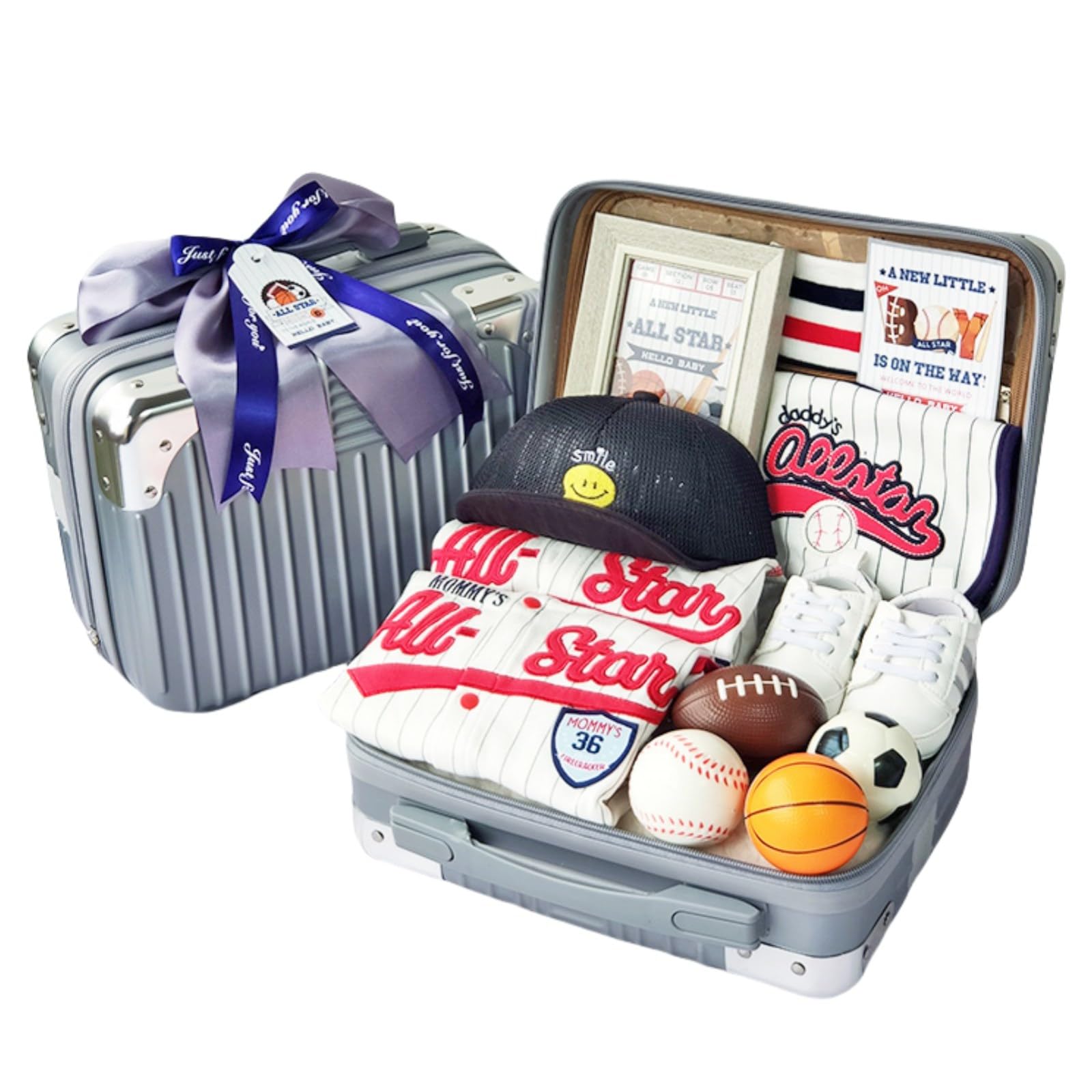 Premium Blue Sports-Themed Baby Shower Gift Set - Newborn Essentials Basket with Soft Blanket, Cute Outfits, Sponge Balls & Photo Frame in Elegant Gift Box | Perfect Baby Shower, Welcome Newborn & Birthday Present for Boys & Girls | Ideal for Nursery Decor, First Photos & Special Celebrations