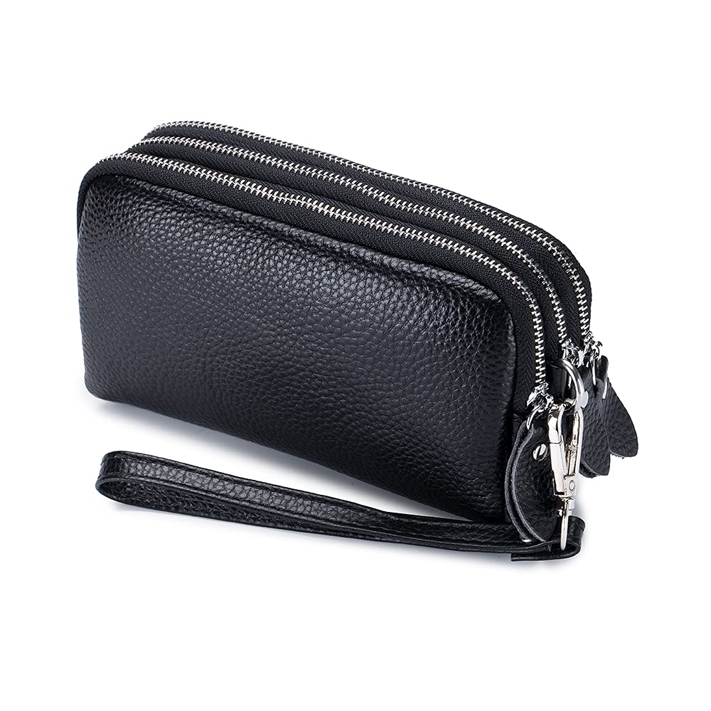 Genuine Cowhide Leather Women's Wallet with 3 Zippers & Key Chain - Large Capacity Long Clutch Wristlet Purse with Coin Pocket (Perfect for Everyday Use, Travel & Shopping)