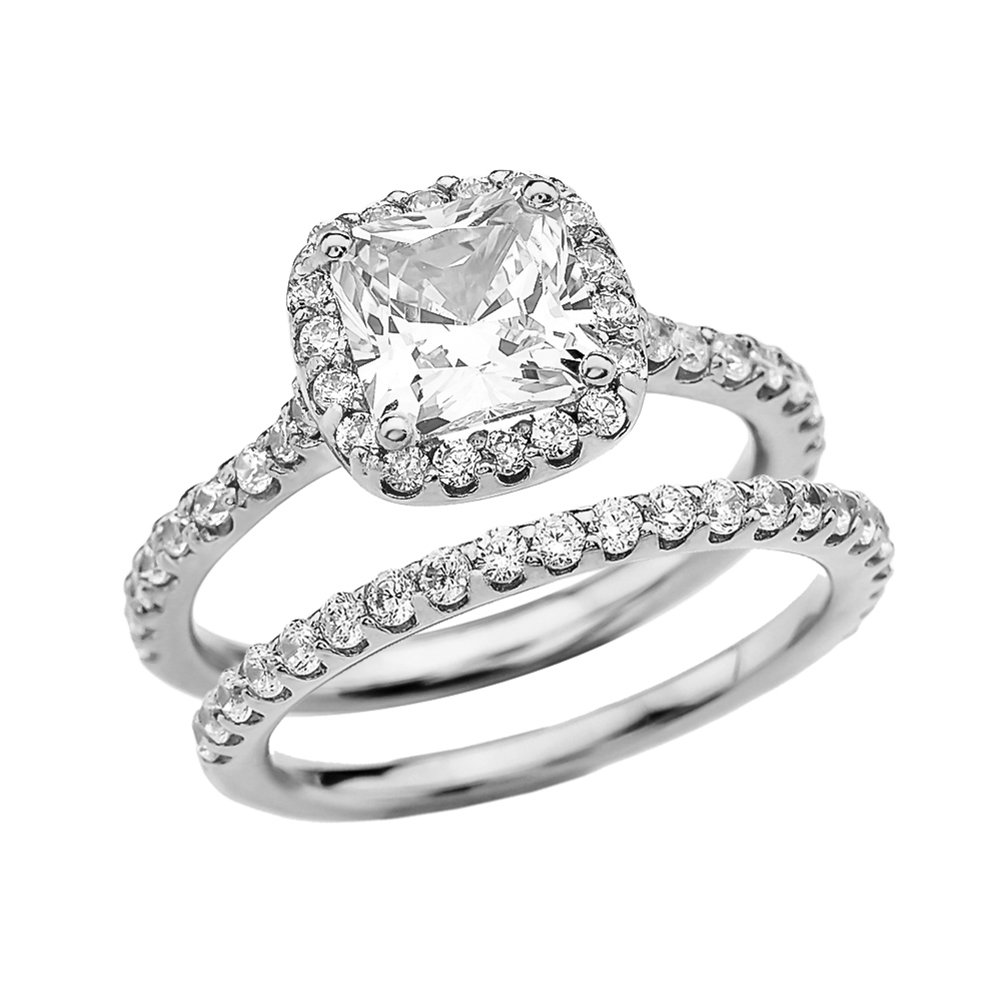 14K White Gold Cushion Cut Cubic Zirconia Solitaire Engagement & Wedding Ring Set for Women - Elegant Bridal Jewelry Gift for Proposal, Anniversary & Special Occasions