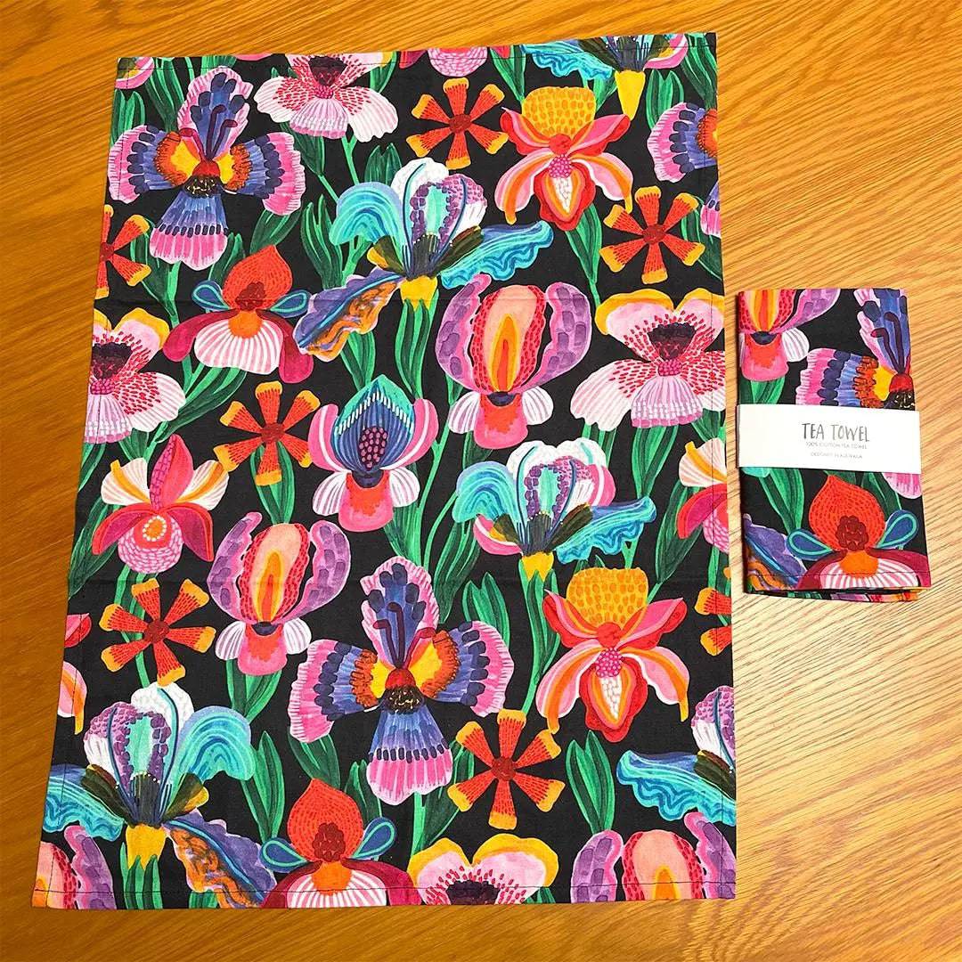 Premium Irises & Orchids Tea Towel Set - 100% Cotton Absorbent Kitchen Towels for Drying Dishes, Decor & Gift - Perfect for Home, Kitchen & Hostess Gifts