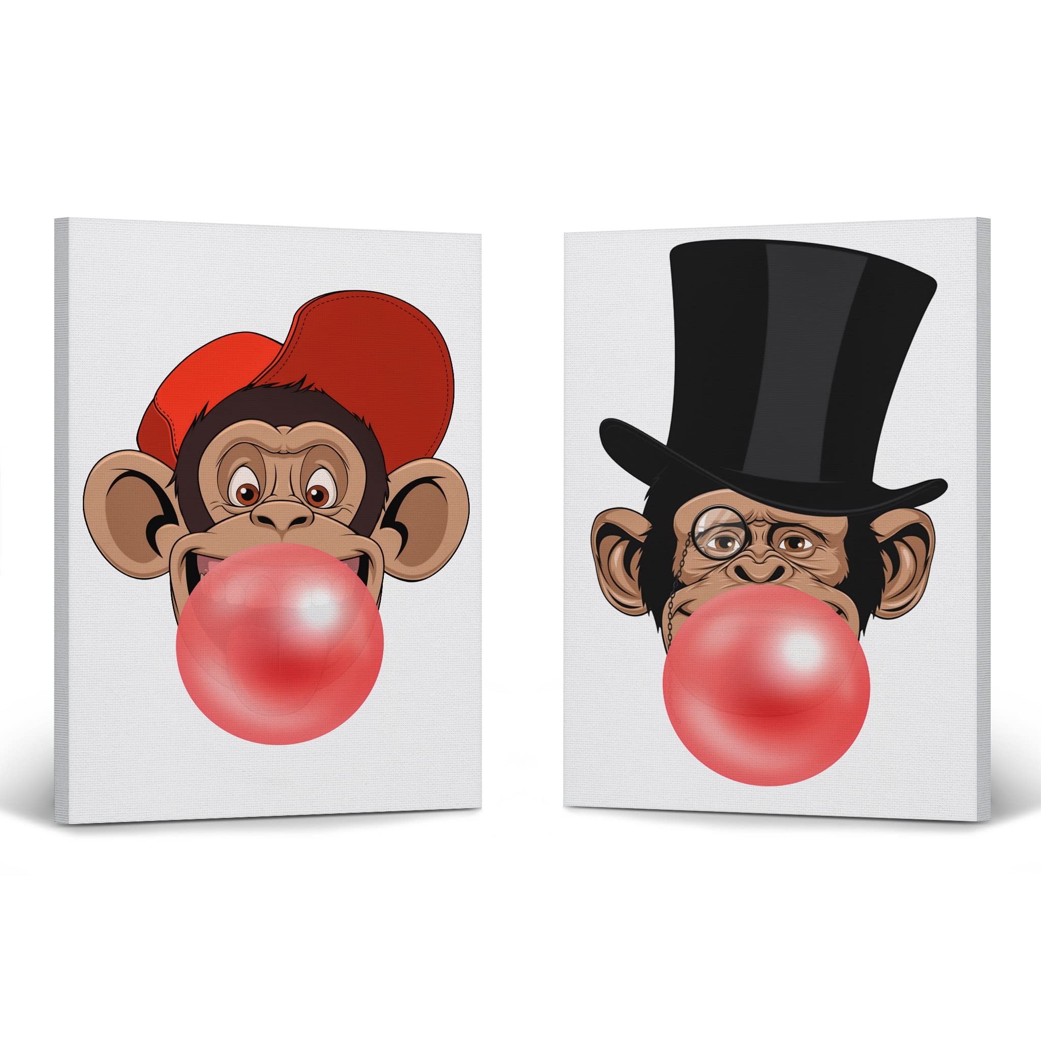Funny Monkeys Bubble Gum Canvas Art Print Set - 2 Panel Animal Wall Decor for Kids Room, Nursery, Playroom - Ready to Hang, Made in USA (28x19 Inches) - Perfect for Children's Bedroom, Classroom, or Play Area Decor