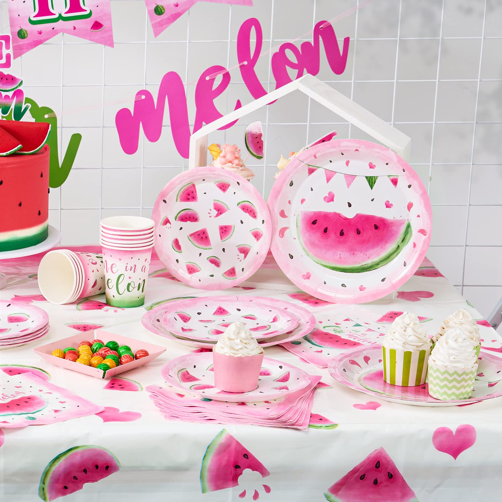 WERNNSAI Watermelon Party Tableware Set - 16-Piece Disposable Pink Watermelon Plates, Napkins & Cups for Birthday, Baby Shower & Summer Parties | 1st Birthday Decorations for Girls | Eco-Friendly Party Supplies for Outdoor Picnics & Backyard Celebrations