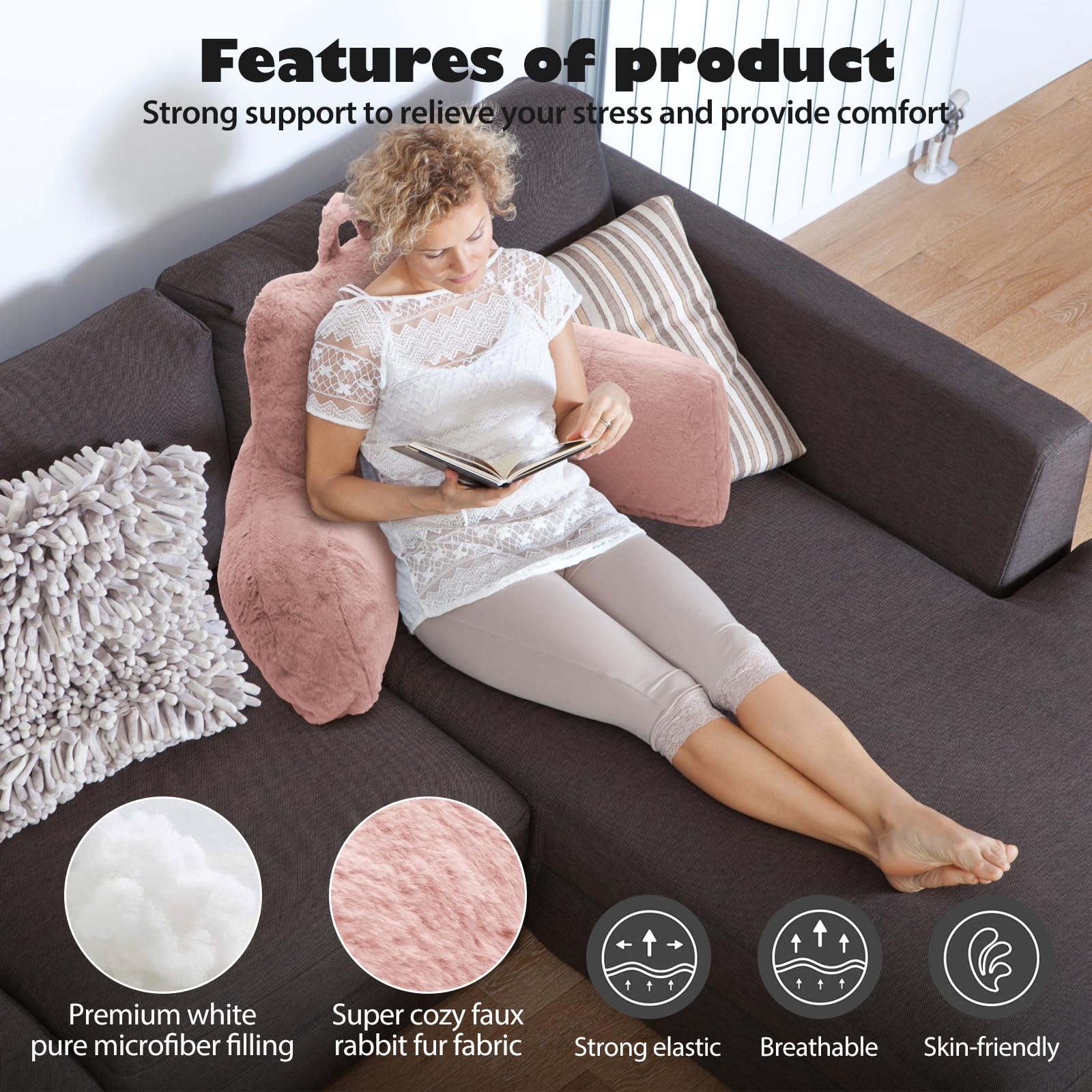 **Memory Foam Reading Pillow for Adults - Standard Back Support Cushion with Extend Arms for Sitting Up in Bed, Sofa & Floor (Pink) - Perfect for Reading, Watching TV, Relaxing & Nursing**