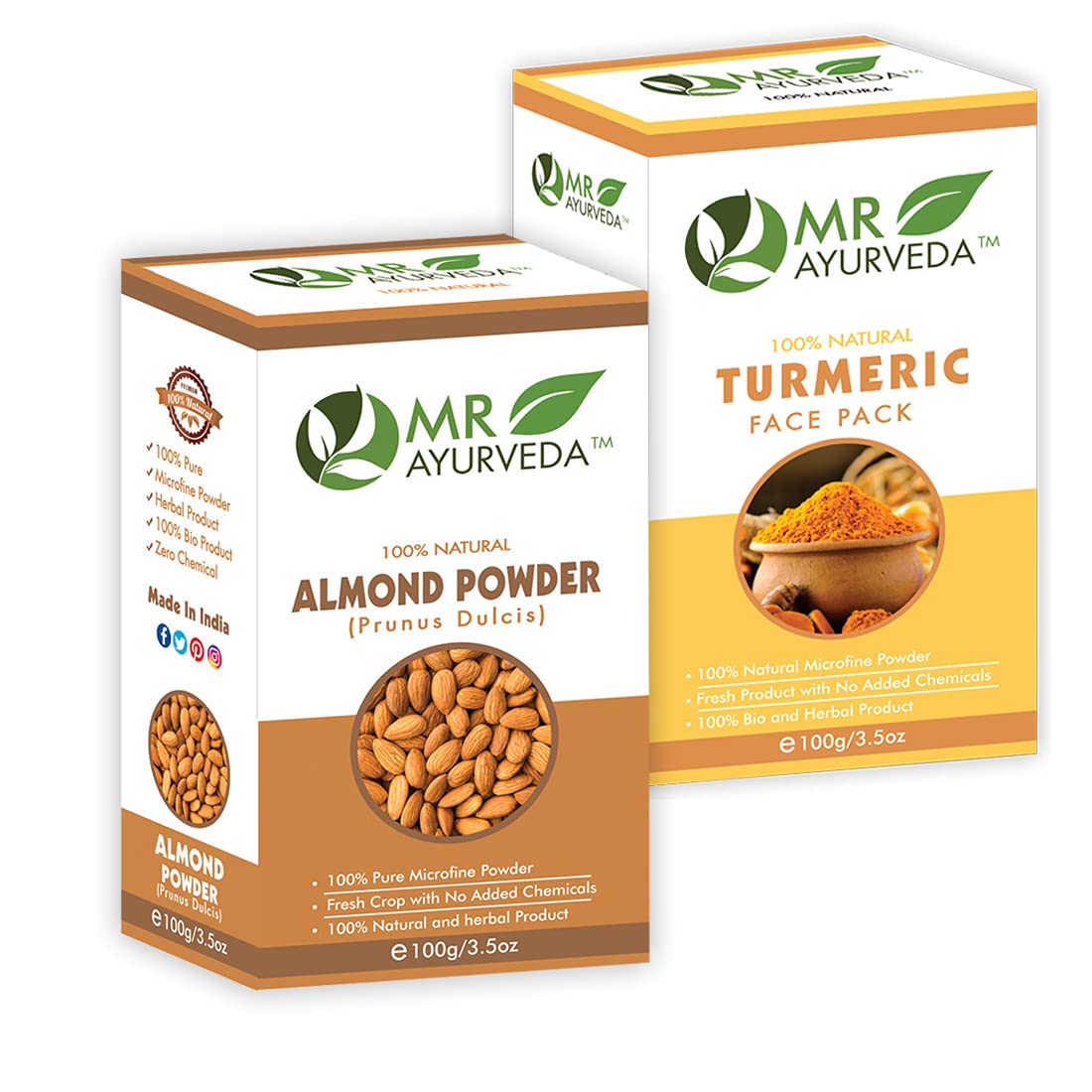 MR Ayurveda Almond Powder & Turmeric Face Pack Powder - Natural Skincare Combo (100g Each) for Glowing Skin | DIY Facial Mask & Brightening Treatment