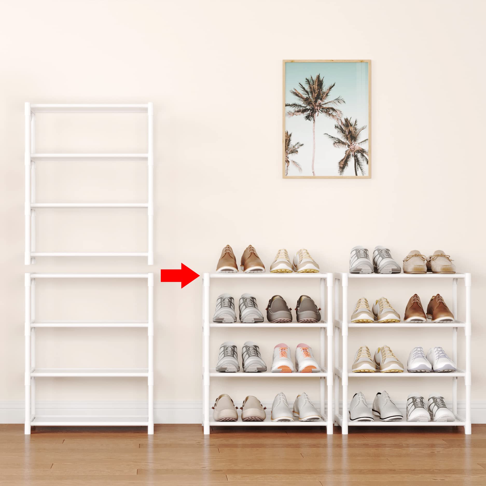 4-Tier Stackable Shoe Rack Organizer - Space Saving Shoe Storage Shelf for Entryway, Hallway, Closet, Bathroom & Living Room - Perfect for Small Spaces & Apartment Organization (White)