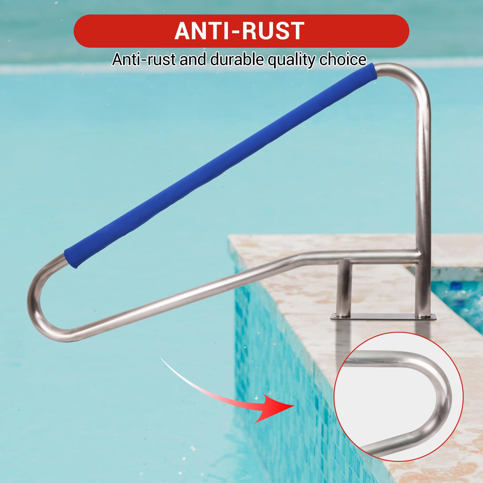 54 x 36 Inch 304 Stainless Steel Swimming Pool Handrail - Rustproof Inground Pool Stair Rail with Blue Non-Slip Grip Cover - Perfect for Pool Safety and Easy Entry/Exit