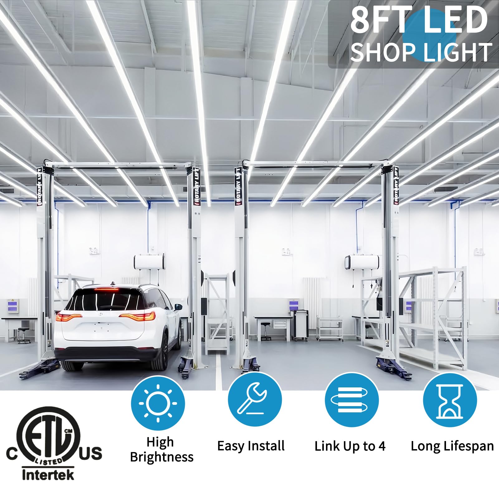 SHOPLED 8FT LED Shop Light - 72W 9360LM 6000K Cool White Ceiling Fixture, T8 LED Tube Light for Garage, Warehouse & Workshop (4 Pack) - Bright Lighting Solution for Industrial Spaces & Home Garages