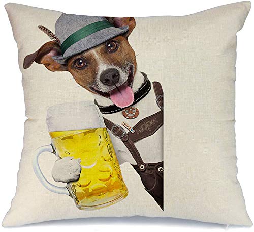 Oktoberfest Dog Beer Throw Pillow Cover 18x18 Inch - Cute Smiling Animals German Hat Design, Linen Square Decorative Cushion Cover for Home Decor, Bar Party & Octoberfest Celebration - Cheers Wildlife Theme Home Accessories
