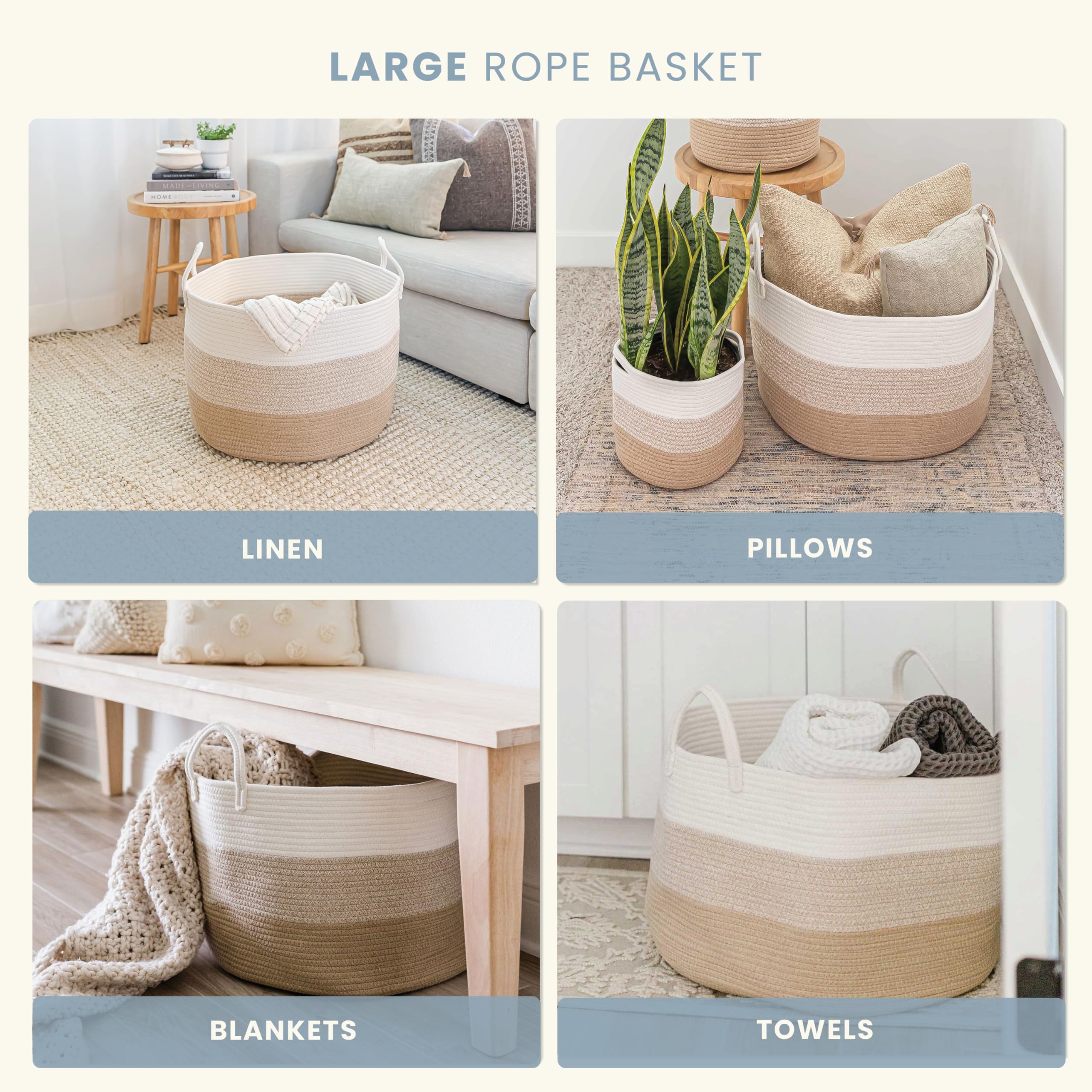 OrganiHaus Large Woven Storage Basket 20x13 Inch - Boho Chic Cotton Rope Laundry Hamper & Blanket Organizer for Living Room, Bedroom, Nursery - Perfect for Home Decor, Kids Toy Storage & Clothes Organization