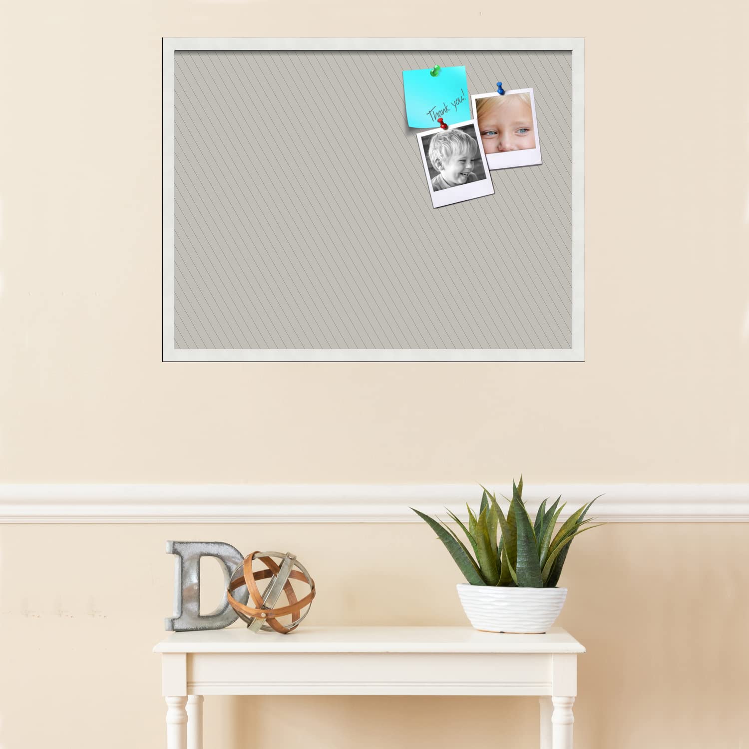 PinPix 32x24 Inch Cork Bulletin Board with Lux Stripes Pewter Design & Satin White Frame - Decorative Framed Pin Board for Home Office School Classroom Dorm Wall Organization - Perfect for Notes Photos Reminders & Vision Boards